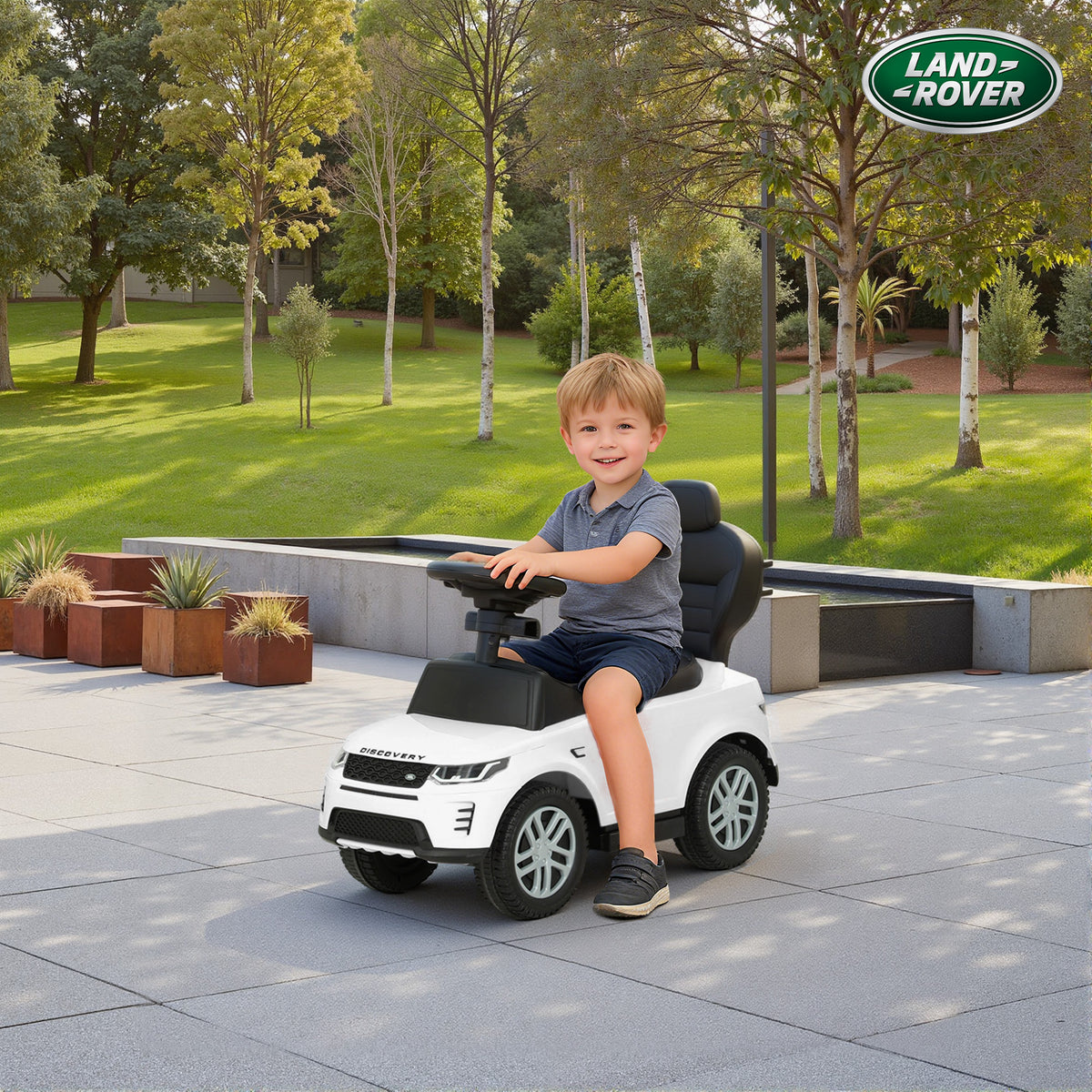Porteur enfants Land Rover Discovery sous licence, porteur voiture à pousser avec poignée amovible, 84x40x94,5cm, blanc