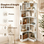 Bibliothèque d'angle, étagère de rangement à 6 niveaux avec panneaux latéraux arqués, 60 x 60 x 165,5 cm, blanc