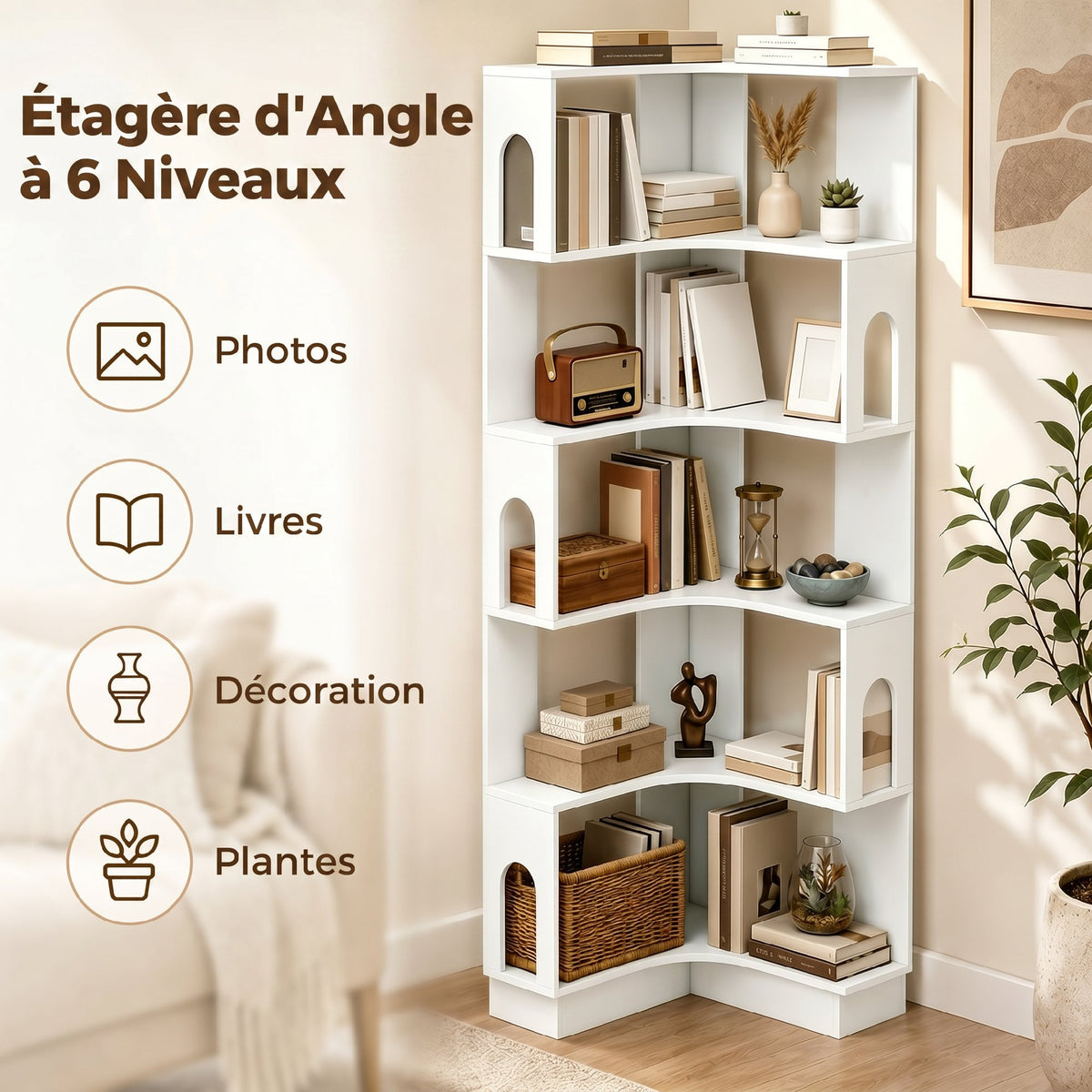 Bibliothèque d'angle, étagère de rangement à 6 niveaux avec panneaux latéraux arqués, 60 x 60 x 165,5 cm, blanc