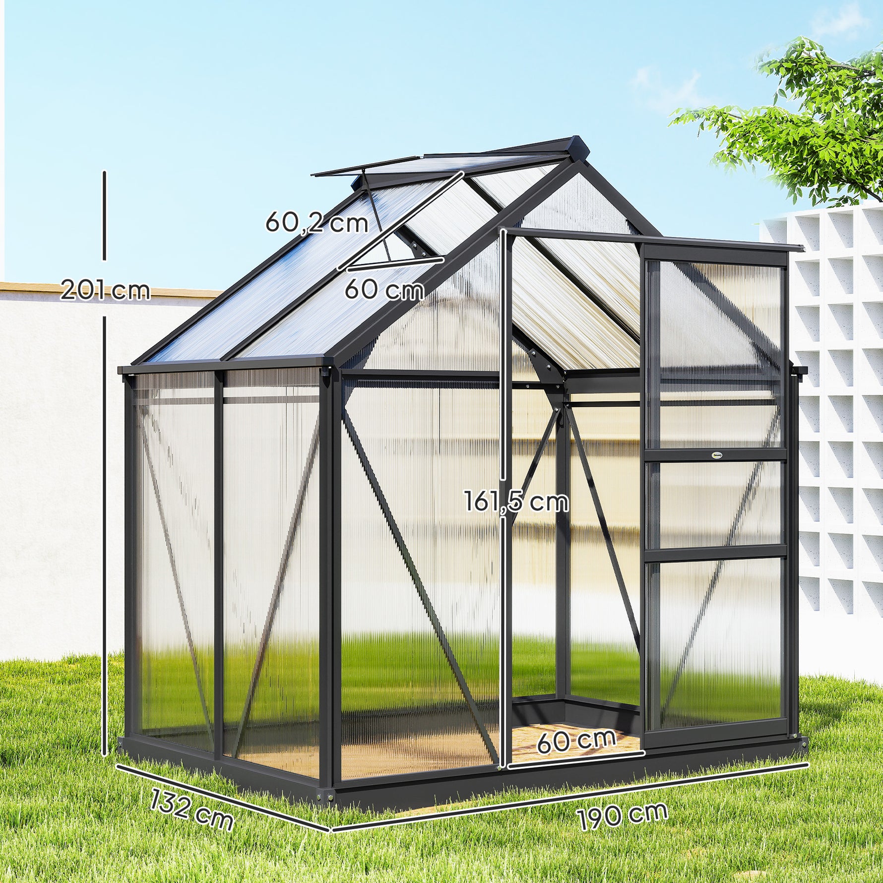 Serre de jardin polycarbonate 190 x 132 x 201 cm résistant aux UV 30+ fondation renforcé gouttière gris