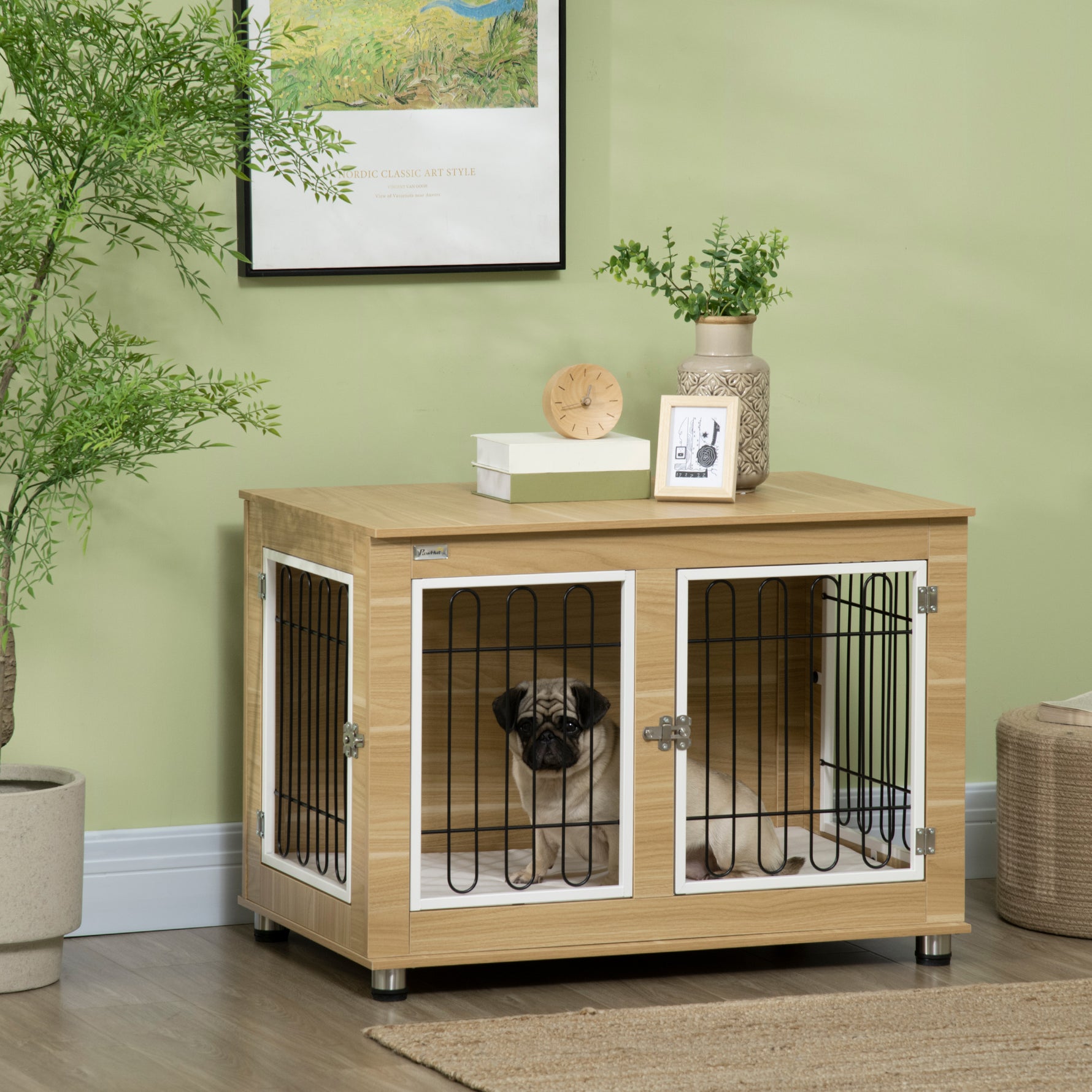 Cage pour chien animaux cage de chien sur pied avec coussin amovible acier aspect bois 90 x 58 x 65 cm