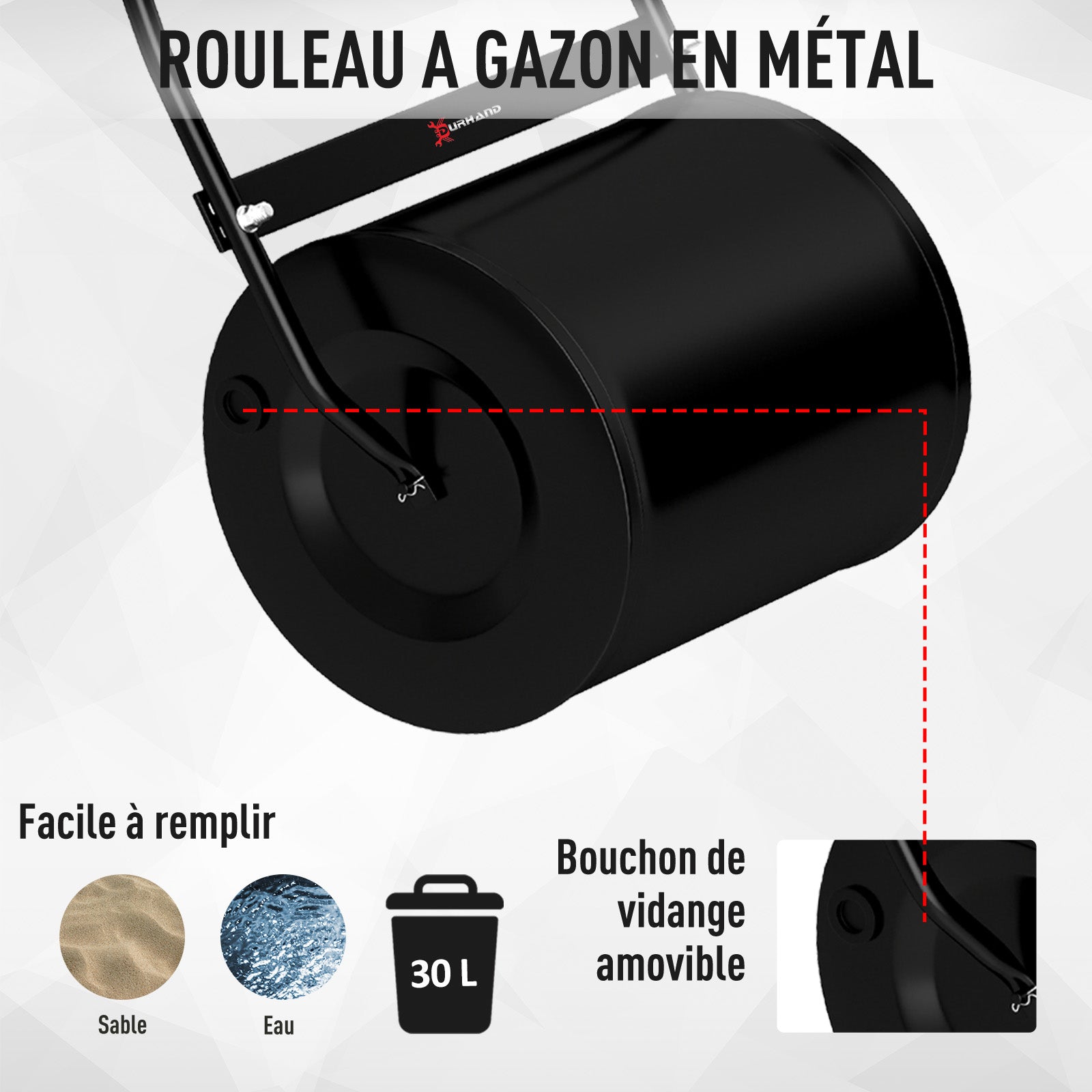 Rouleau à Gazon Jardin en Acier avec poignée dim. 47L x 32l x 105H cm lestage Max. 30 L Noir