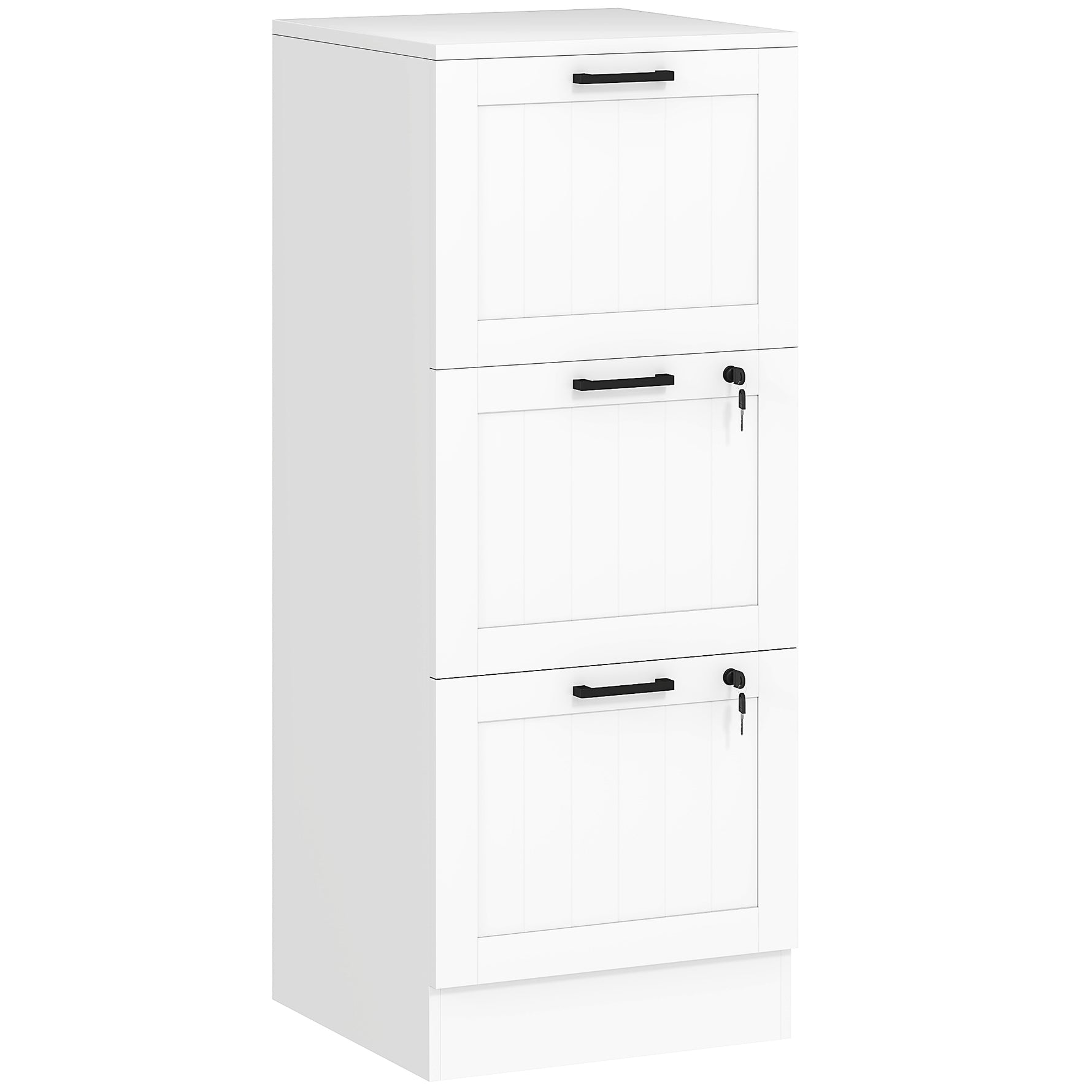 Caisson bureau, meuble rangement bois 3 tiroirs et serrure, barres de suspension réglables, 40 x 40 x 101 cm, blanc