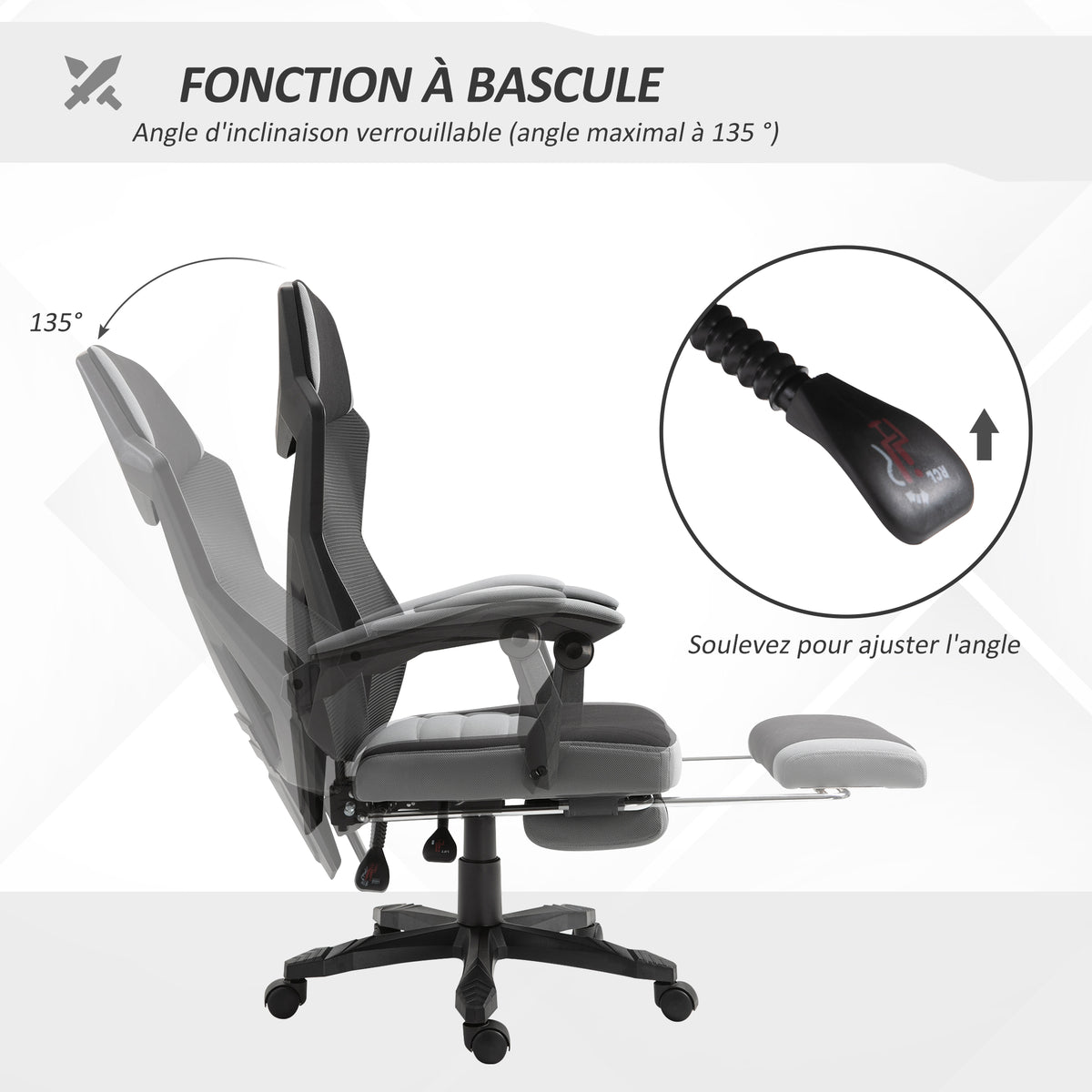 Chaise de bureau fauteuil gaming hauteur réglable dossier roulettes pivotantes repose-pied tissu en maille 58L x 63l x 112-122H cm gris noir