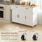 Îlot de cuisine avec plateau rabattable, chariot à roulettes 2 tiroirs, 3 portes, porte-racks et porte-serviettes, blanc