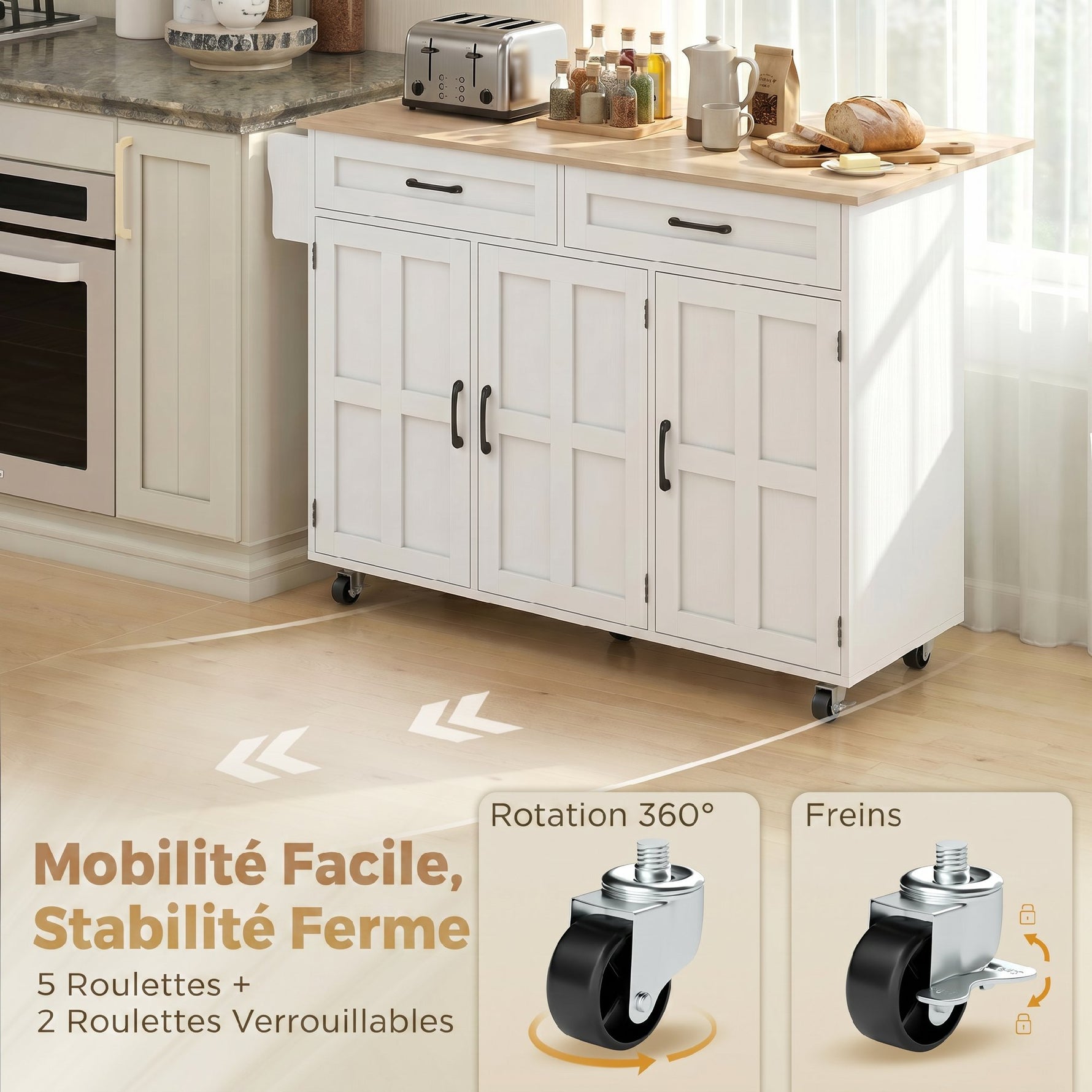 Îlot de cuisine avec plateau rabattable, chariot à roulettes 2 tiroirs, 3 portes, porte-racks et porte-serviettes, blanc
