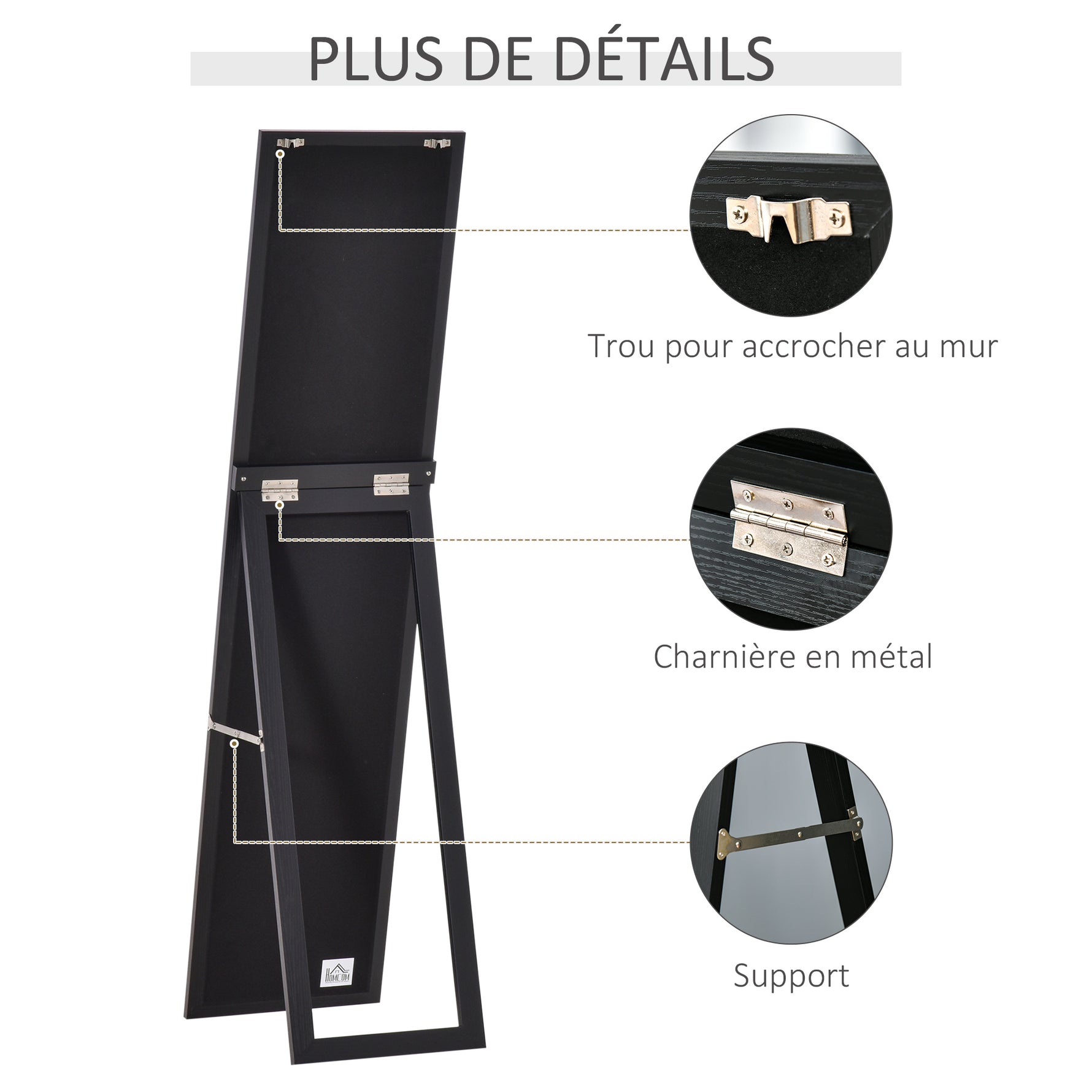 Miroir sur Pied et Mural Rectangulaire, Miroir de Sol Pleine Longueur pour Dressing, Chambre, Salon, 37 x 37 x 154 cm, Noir