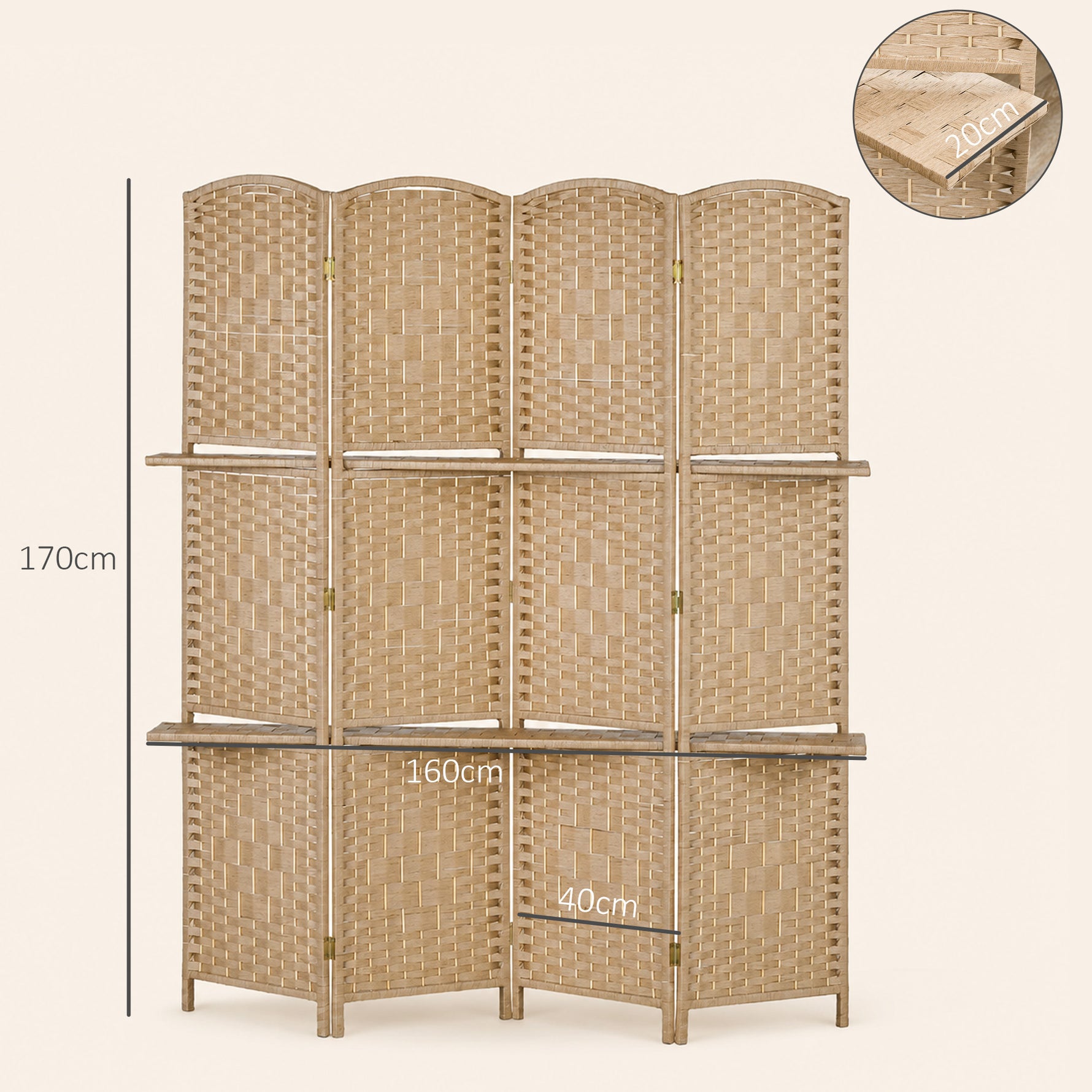 Paravent séparateur de pièce 4 panneaux 160 x170 cm avec 2 étagères, pliable, en bois
