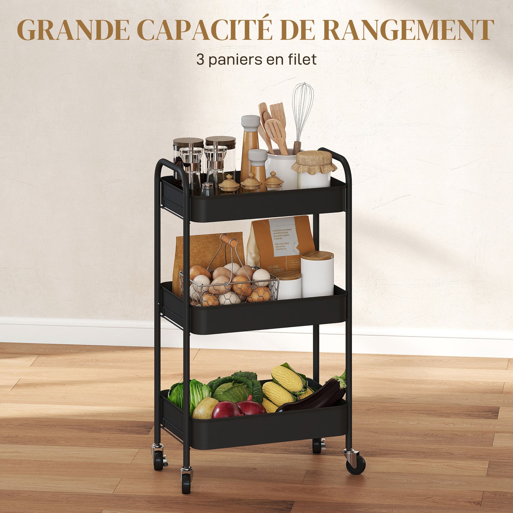 Desserte chariot de rangement en acier chariot de service à roulettes 3 plateaux ajourés 45 x 30,6 x 79 cm noir