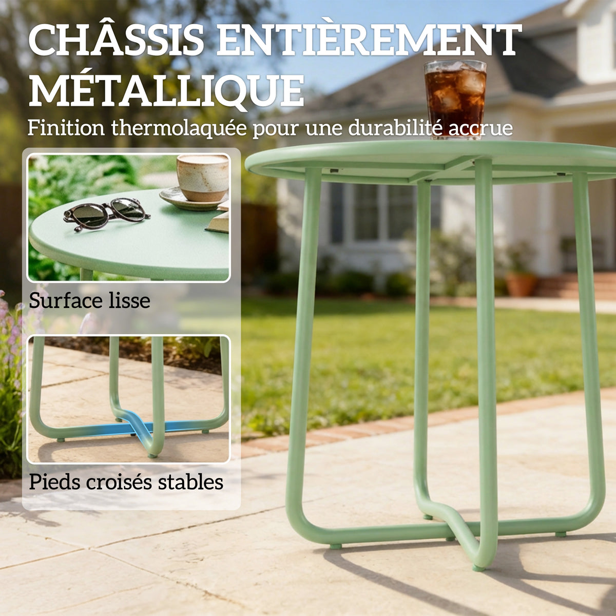 Table Basse Extérieure avec Bord Enroulé, Base en X avec Pieds Réglables en Hauteur, pour Salon Terrasse, Ø48x51cm, Vert