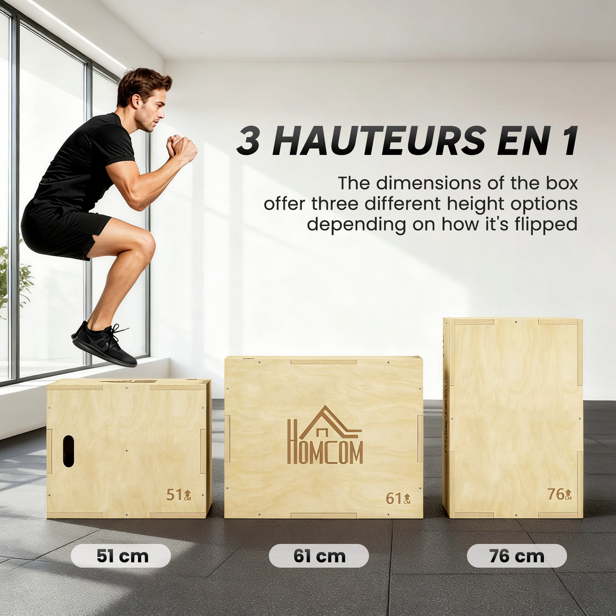 3-in-1 Plyo-Box aus Holz, Plyometrie-Trainingsgerät für Fitness, Krafttraining und Cross-Training, 51/61/76 cm
