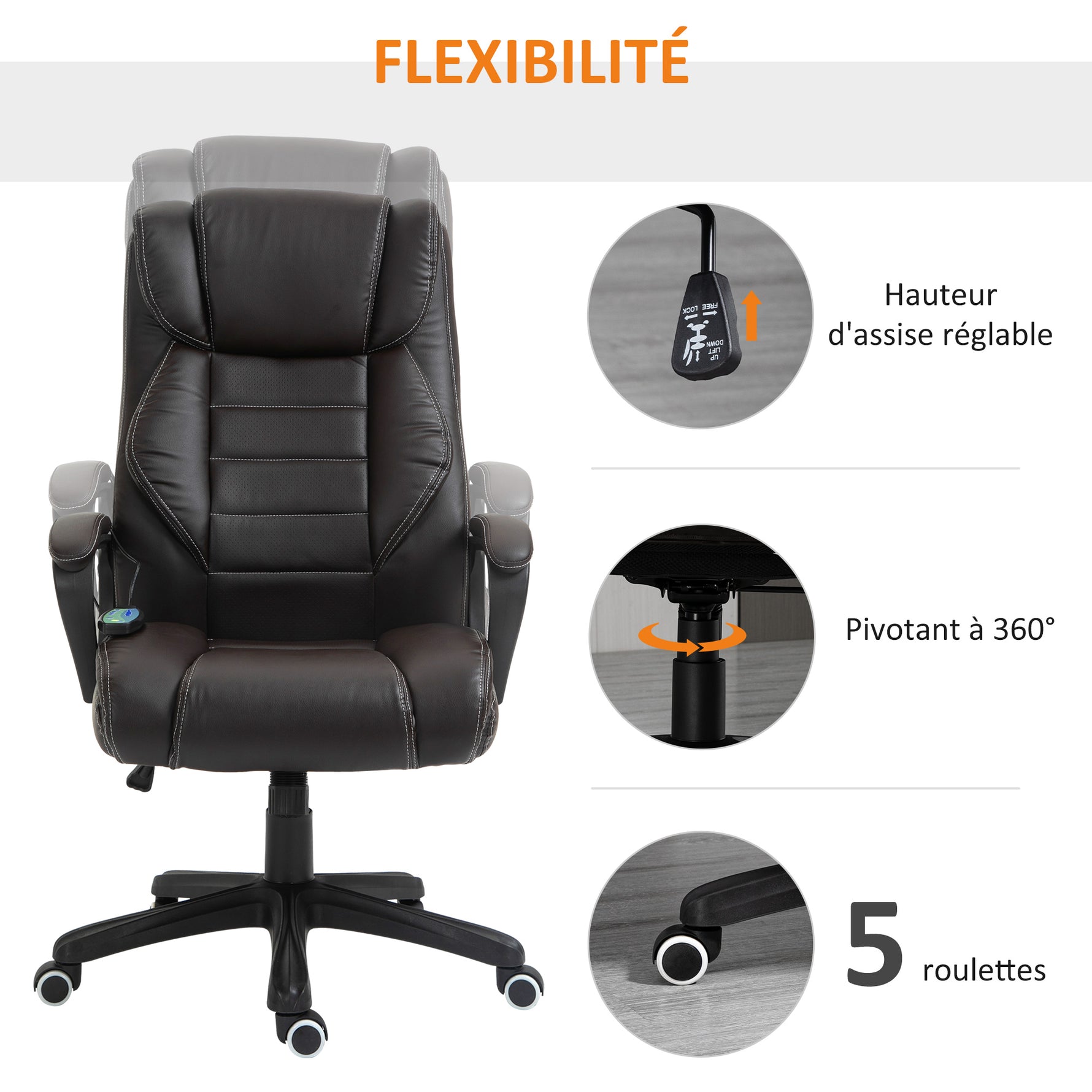 Fauteuil de bureau massant  fauteuil bureau ergonomique grand confort hauteur réglable fonction dossier à bascule revêtement synthétique brun