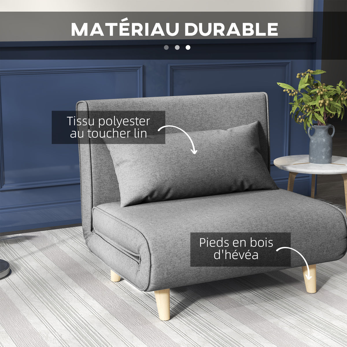 Fauteuil convertible 1 place, fauteuil-lit chauffeuse 3 en 1, dossier réglable, oreiller, tissu en lin, 94x78x80cm, gris