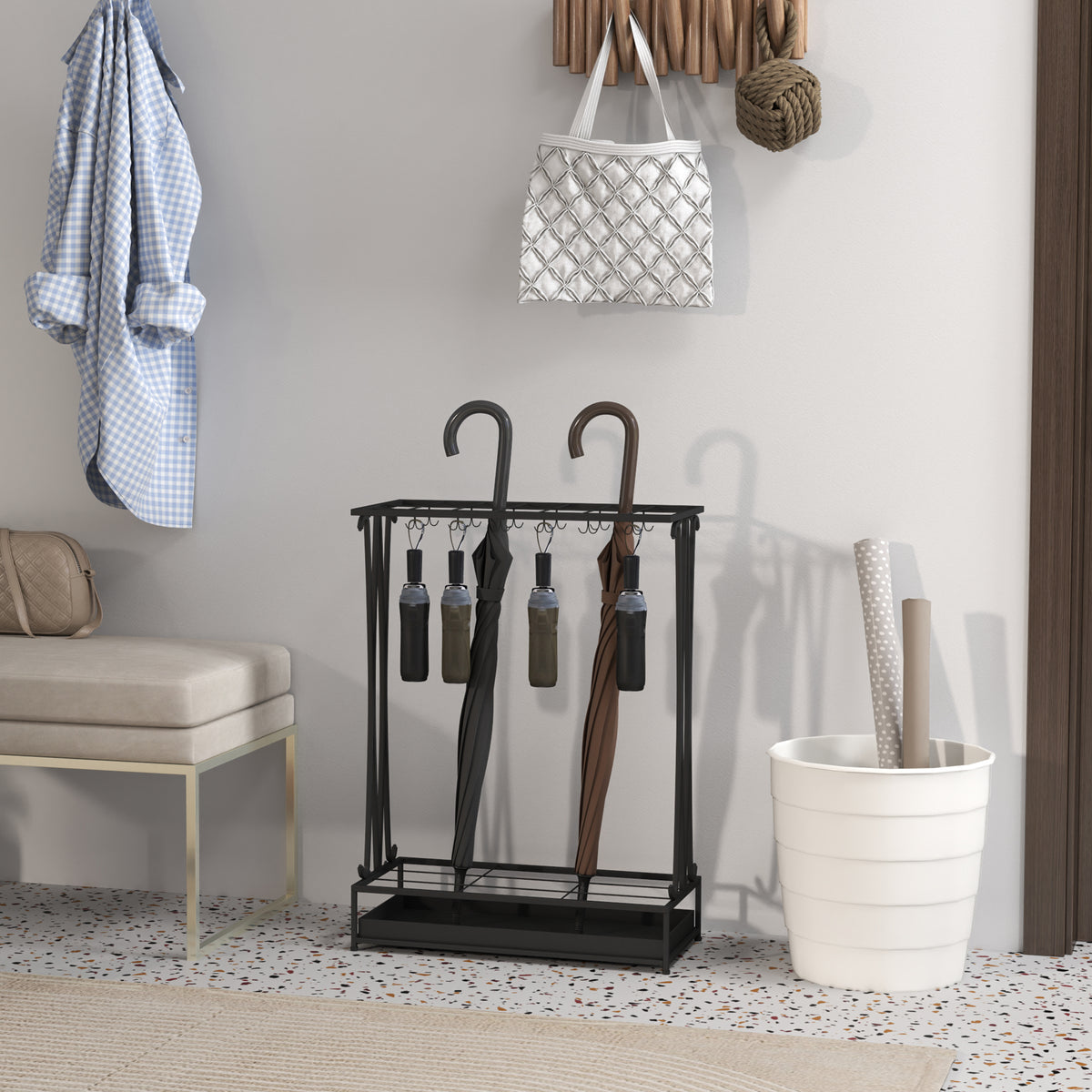 Steel Umbrella Stand with 21 Slots, 24 Hooks, Removable Drip Tray and Shelf, 50x24x68cm, Black