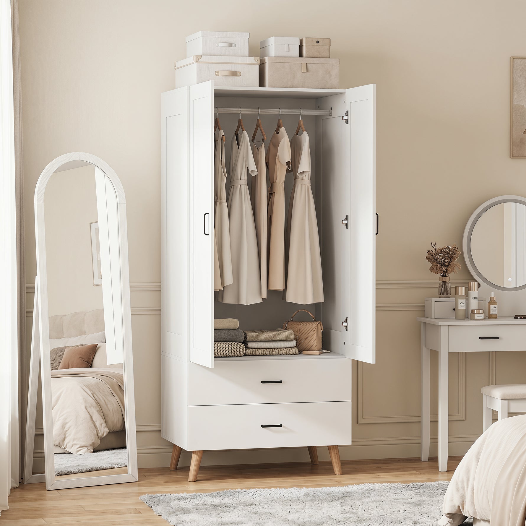 Armoire chambre penderie 2 portes à fermeture douce, 2 tiroirs et barre de suspension, 80x54x180cm, blanc