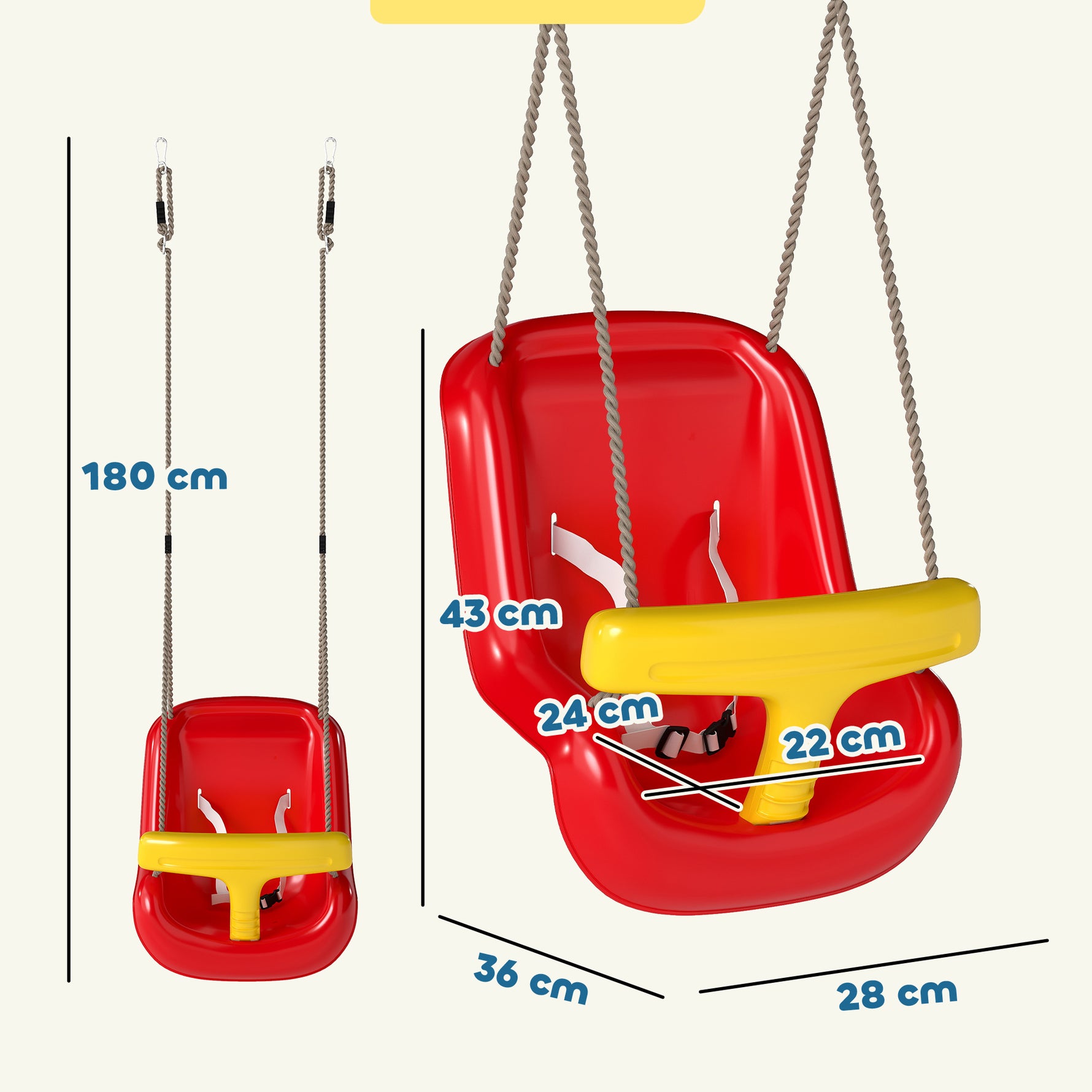 Balançoire pour enfants, balançoire bébé extérieure, dossier haut, barre de sécurité, hauteur ajustable, rouge et jaune