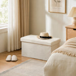 Banc de Rangement 84 L, Pouf Pliable Rembourré en Peluche Teddy, Bout de Lit, Charge 120 kg, 76 x 38 x 38 cm, Crème