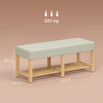 Panca scarpiera, panca contenitore con seduta imbottita, ripiano a giorno, legno di gomma, 120x44x48 cm, legno naturale