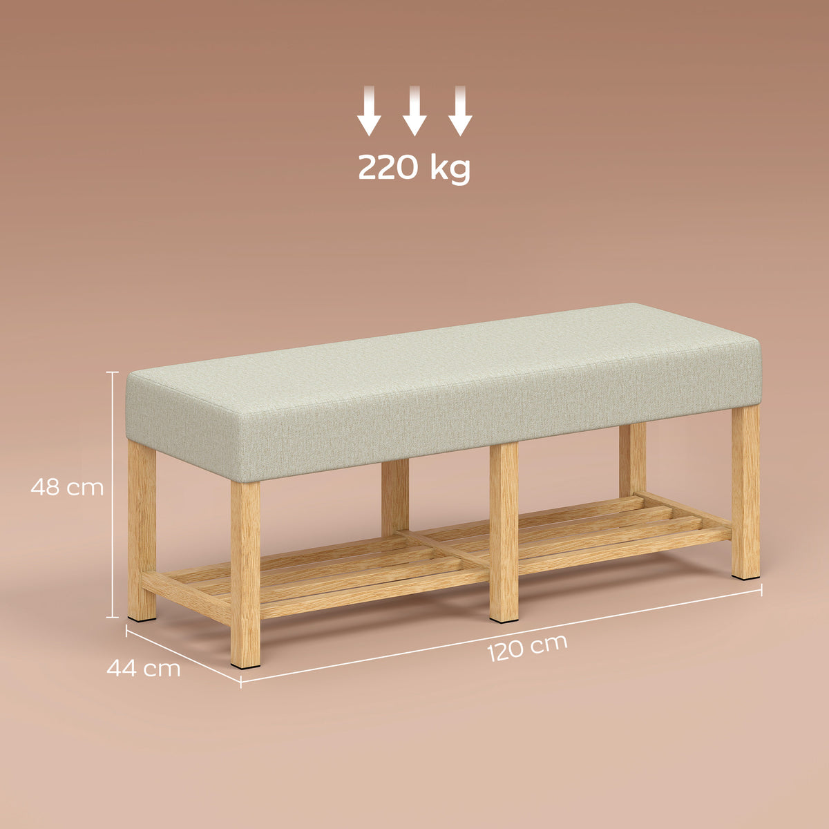 Panca scarpiera, panca contenitore con seduta imbottita, ripiano a giorno, legno di gomma, 120x44x48 cm, legno naturale