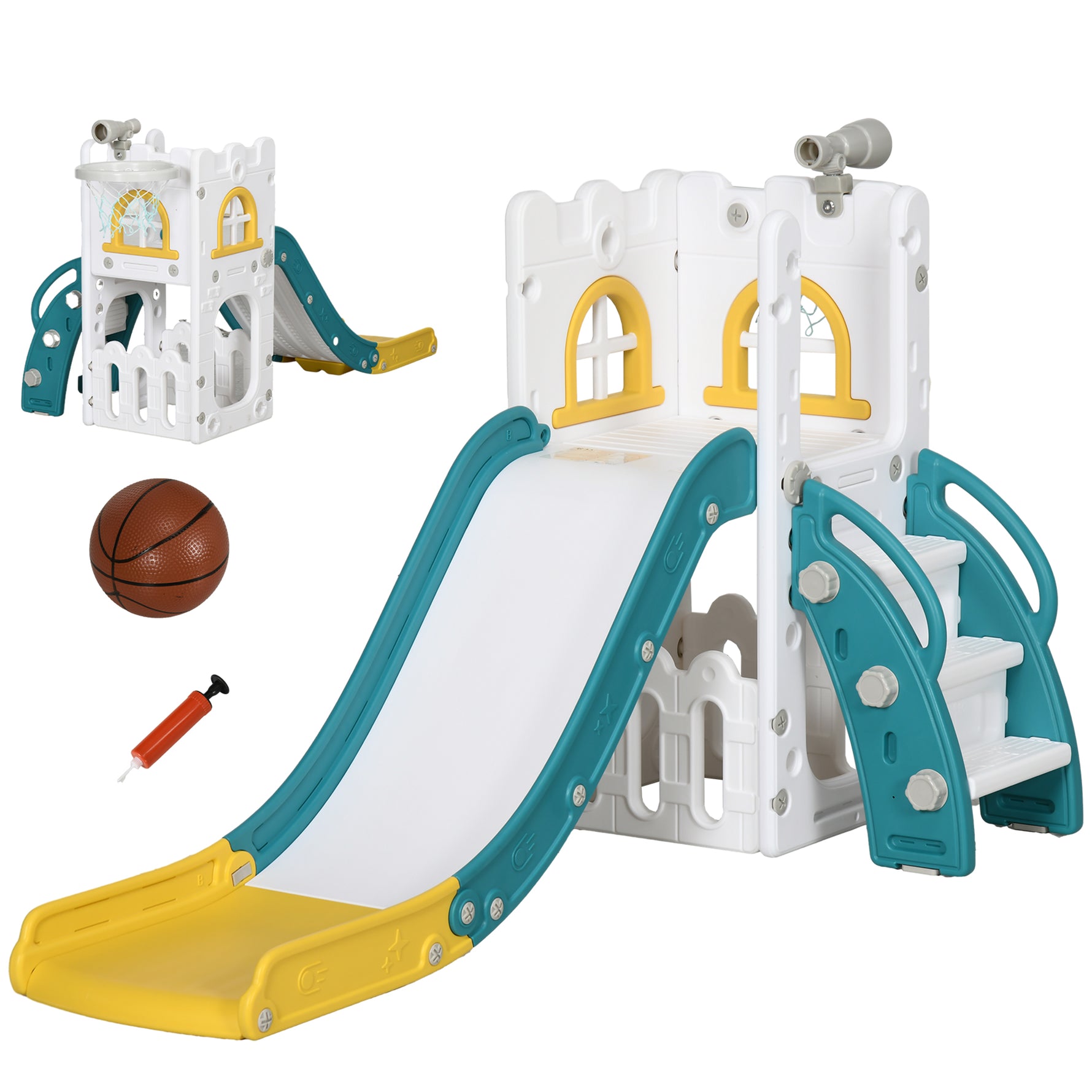 Toboggan pour enfants 5 en 1 avec panier de basket escalade télescope espace de rangement 70 x 177 x 92 cm jaune