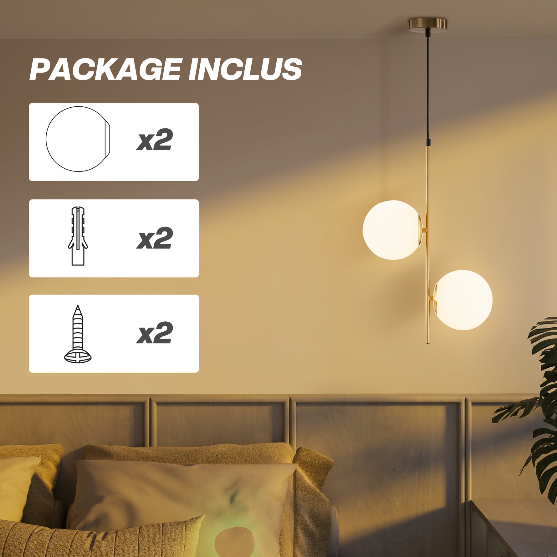 Suspension luminaire moderne, lustre plafonnier de double-tête, lumière suspendue réglable pour entrée, salon, ton doré