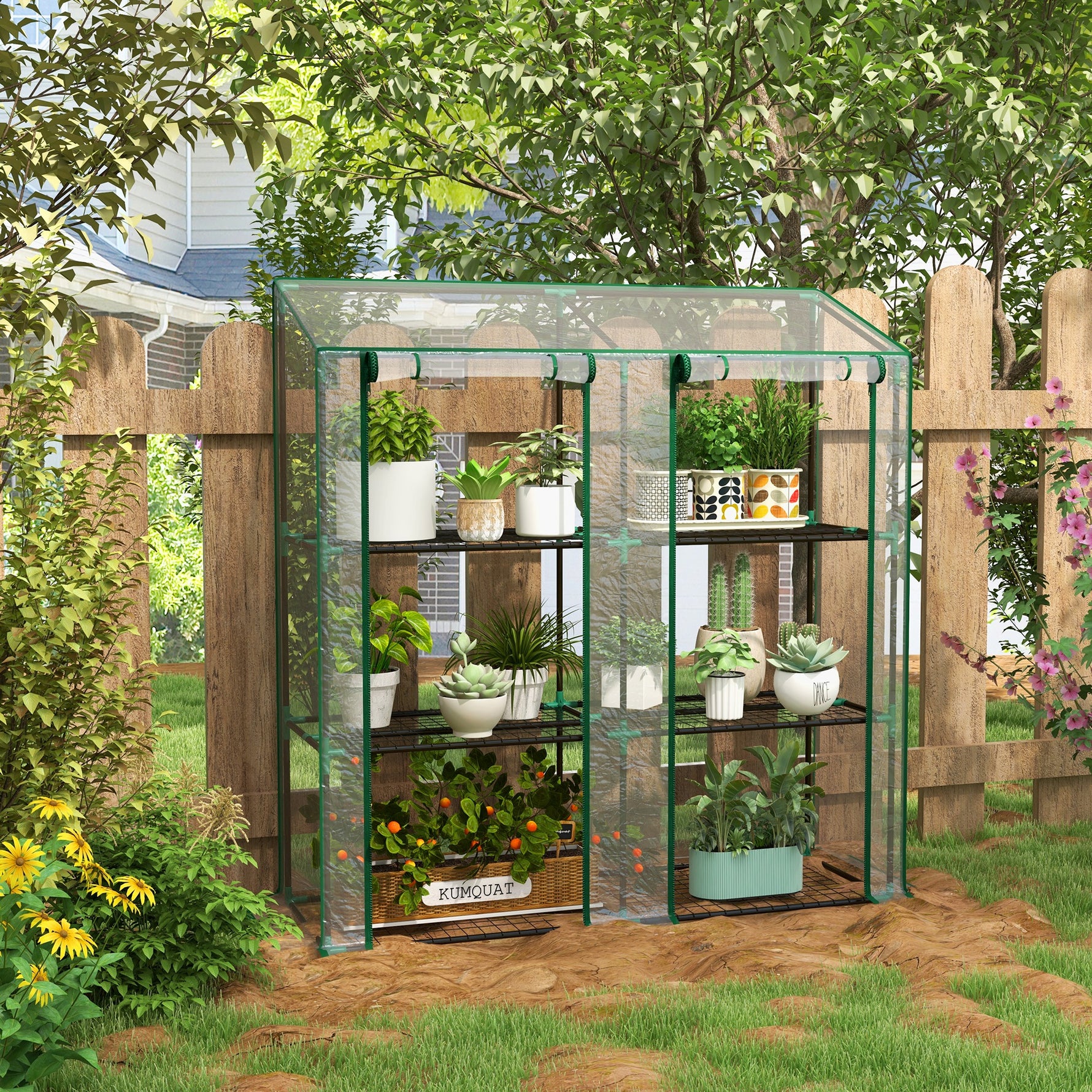 Mini serre de jardin 3 niveaux avec bâche en plastique, 2 portes enroulables, 6 étagères, dim. 143L x 46l x 141/151H cm
