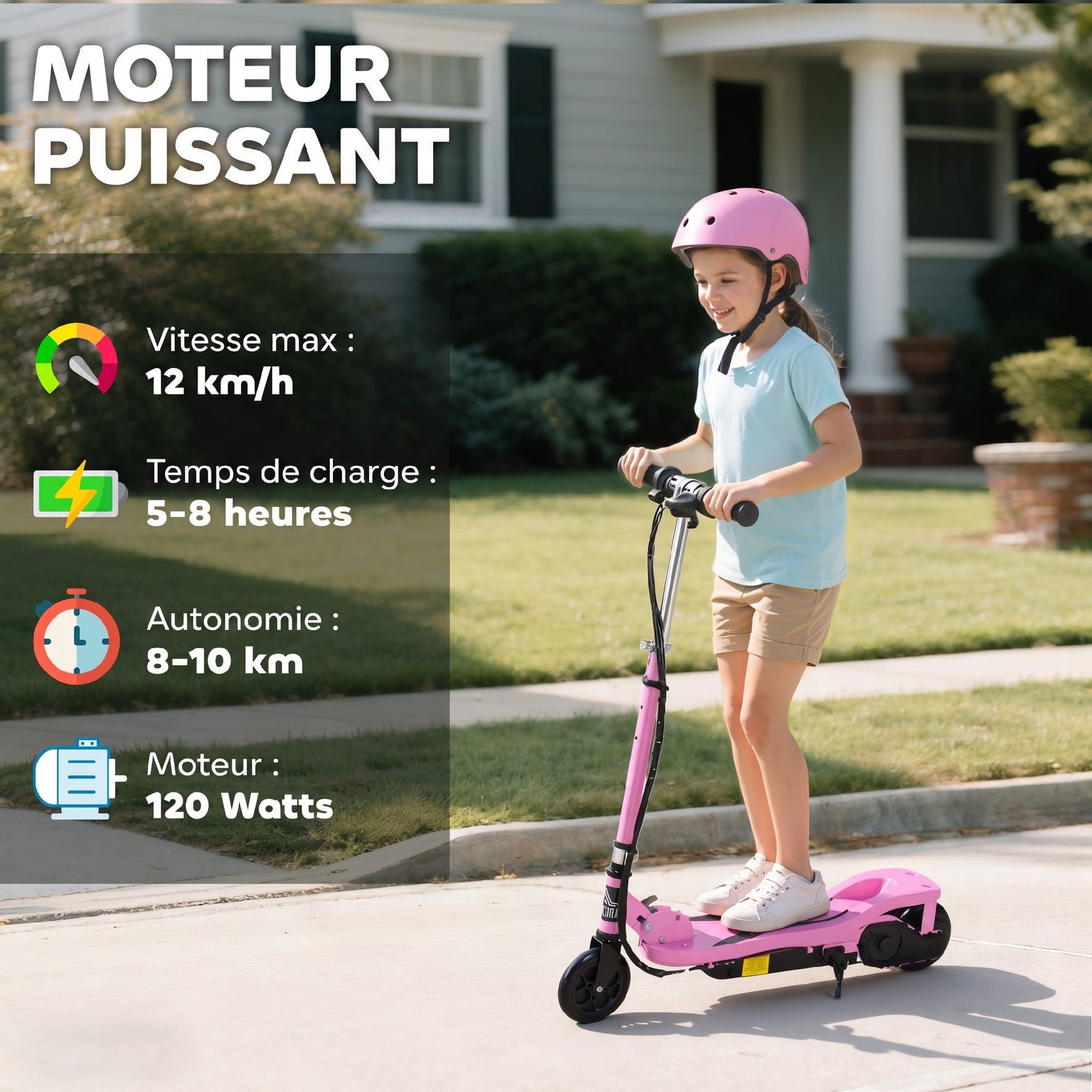 Trottinette électrique pliante pour enfant de 7+ans, 120W Vitesse max 12km/h, 75x36x82-93 cm rose