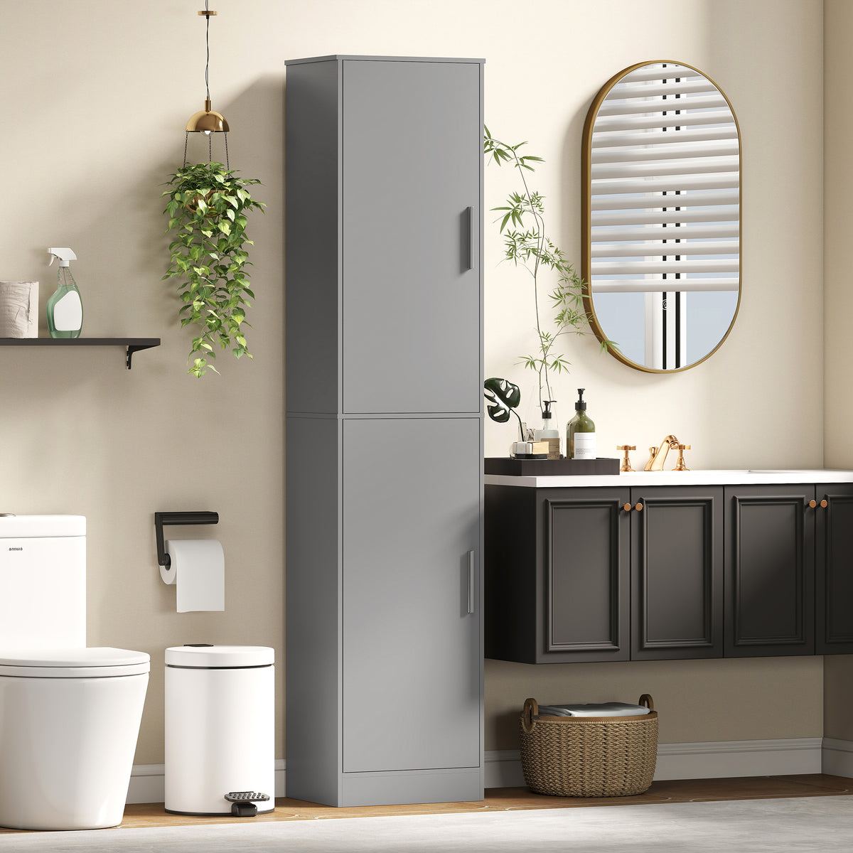 Mobile colonna per bagno con 2 ante e 4 ripiani regolabili, 40 x 35 x 180 cm, grigio