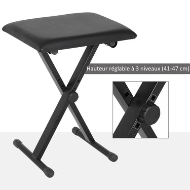 Tabouret piano pliable, banc piano réglable en hauteur de 37 à 47 cm, siège rembourré en PU et pieds en métal antidérapants, charge 100 kg, noir
