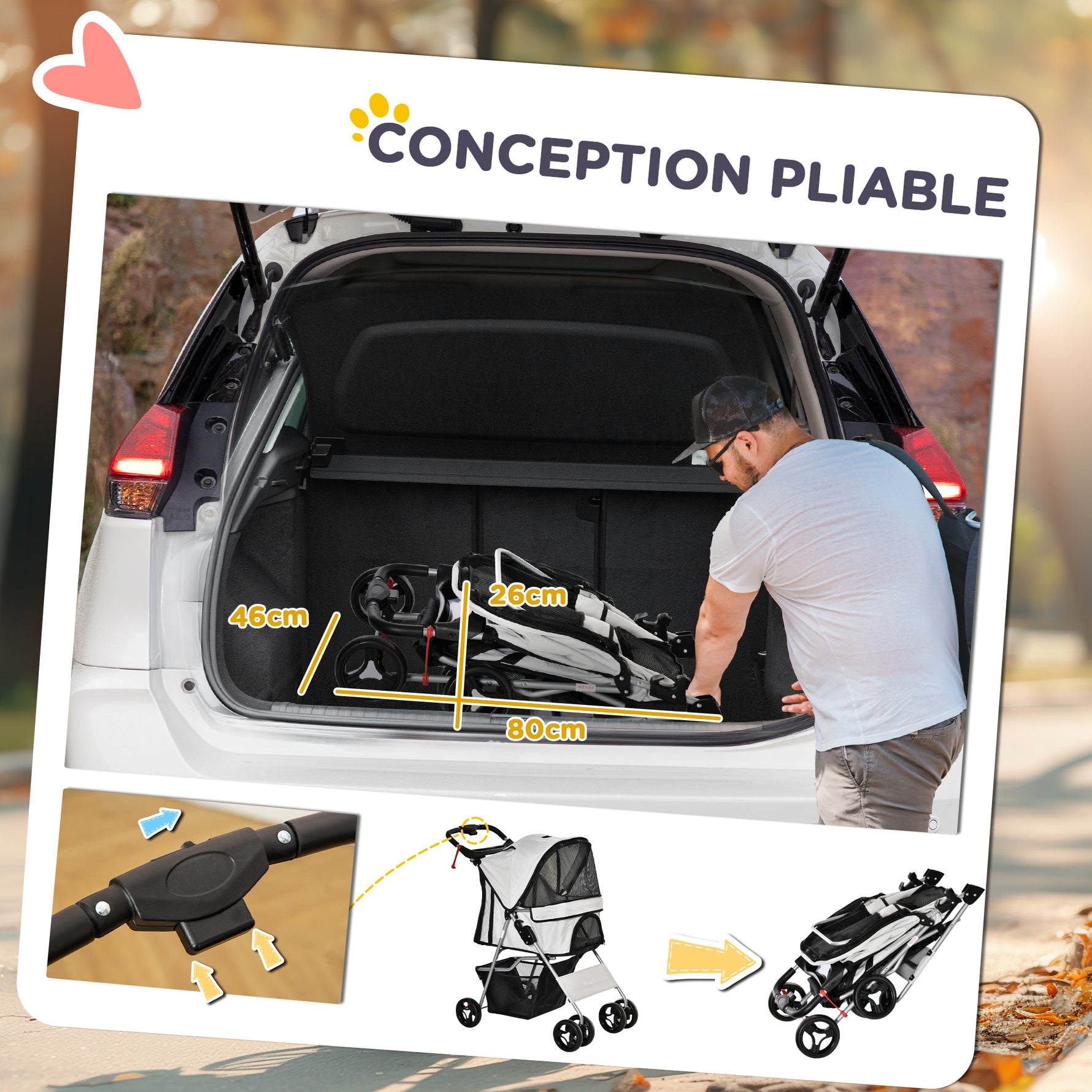 Poussette buggy pour chiens 77L x 45l x 99,5H cm pliable imperméable tissu 600D Oxford 4 roues gris