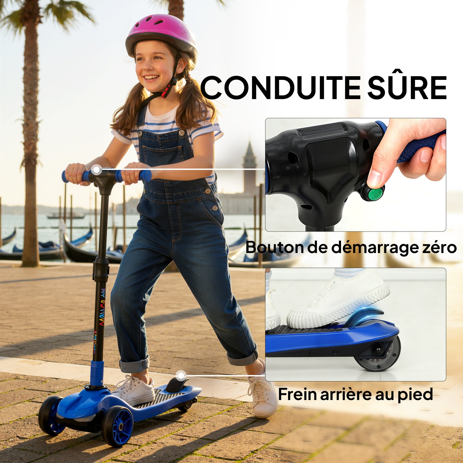 Trottinette électrique pour enfants 6+ ans, pliable 3 roues démarrage zéro, vitesse maximale 8 km/h 64 x 29 x 83 cm bleu