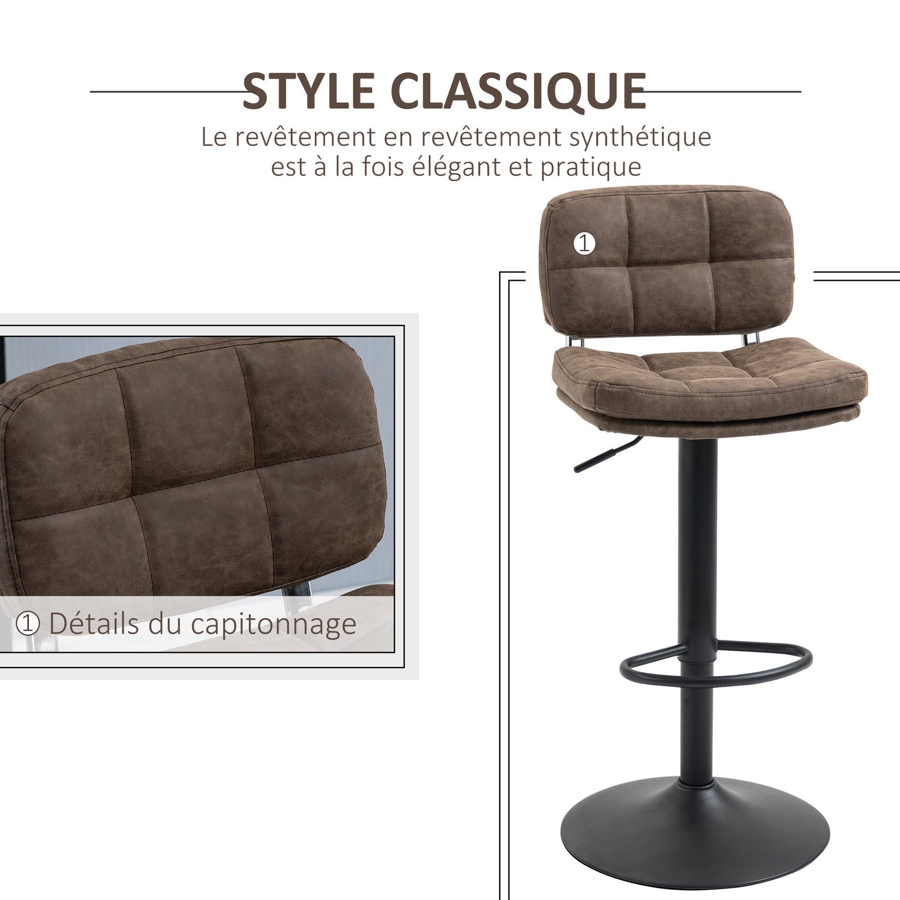 Lot de 2 tabourets de bar Vintage capitonné - pivotant, réglable - repose-pied - revêtement synthétique marron