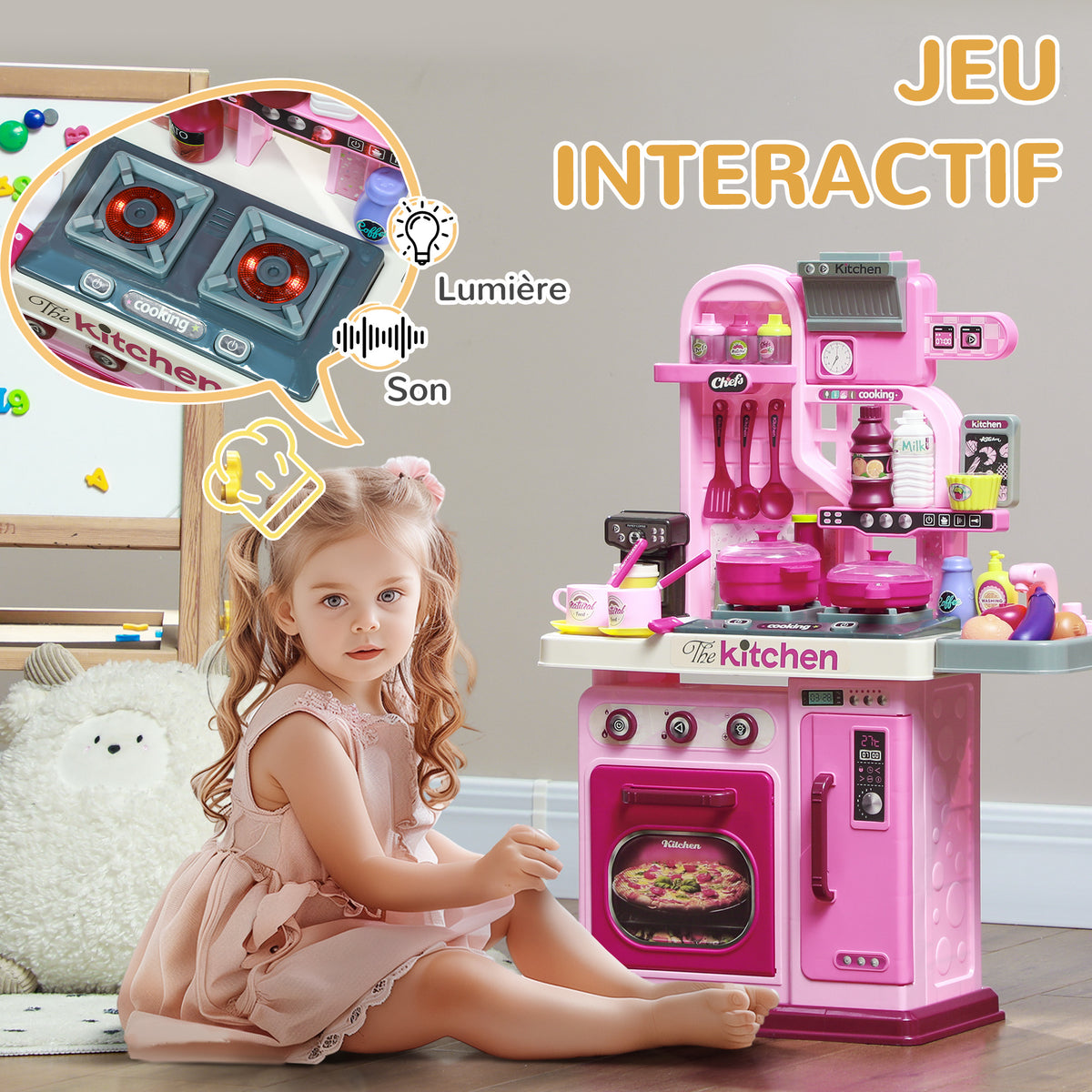Cuisine enfant accessoires 33 PCS jouet d'imitation pour enfant dinette enfant 3-6 ans lumières et sons réalistes rose