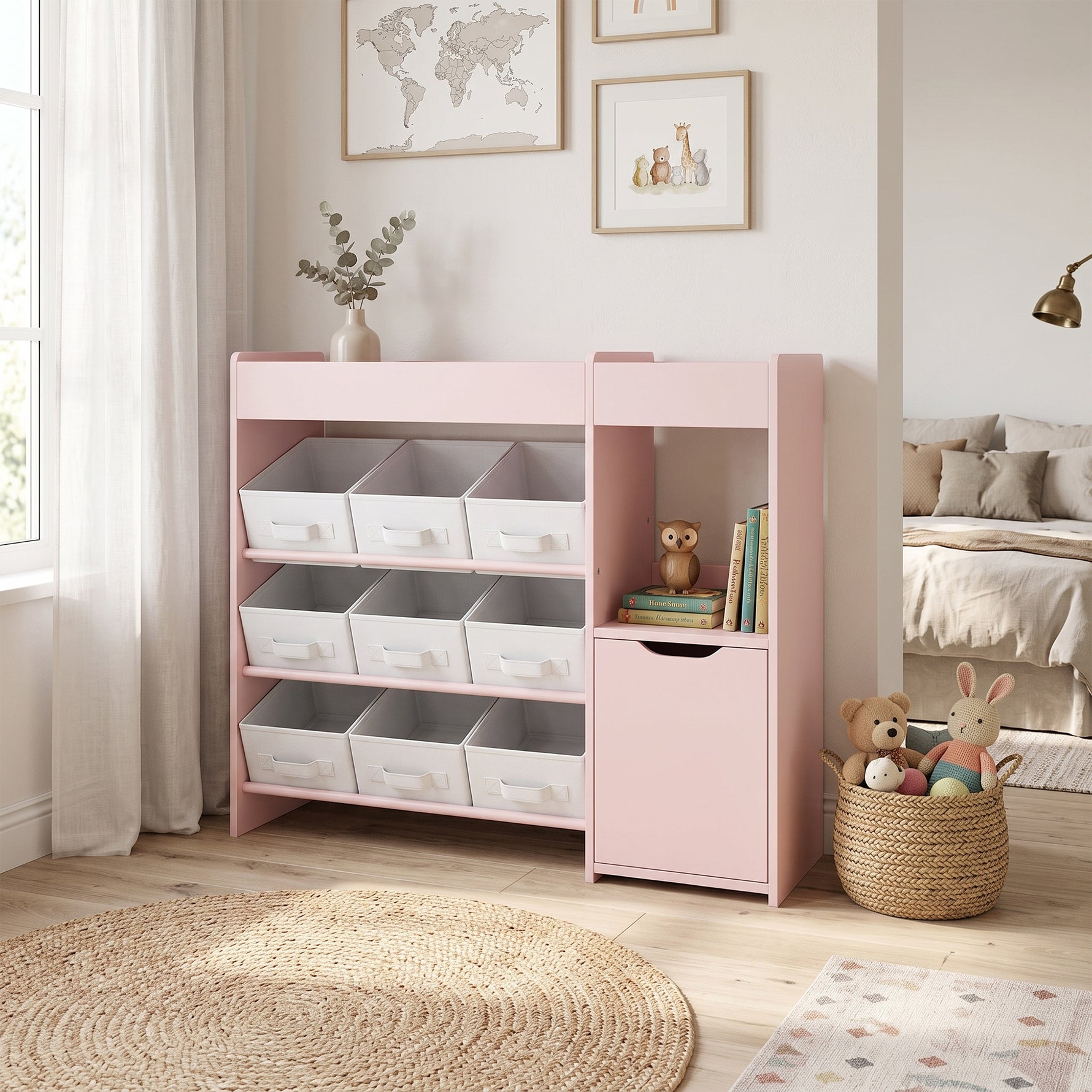 Meuble rangement enfant étagère de rangement pour jouets enfants avec 9 tiroirs en tissu et placard, rose