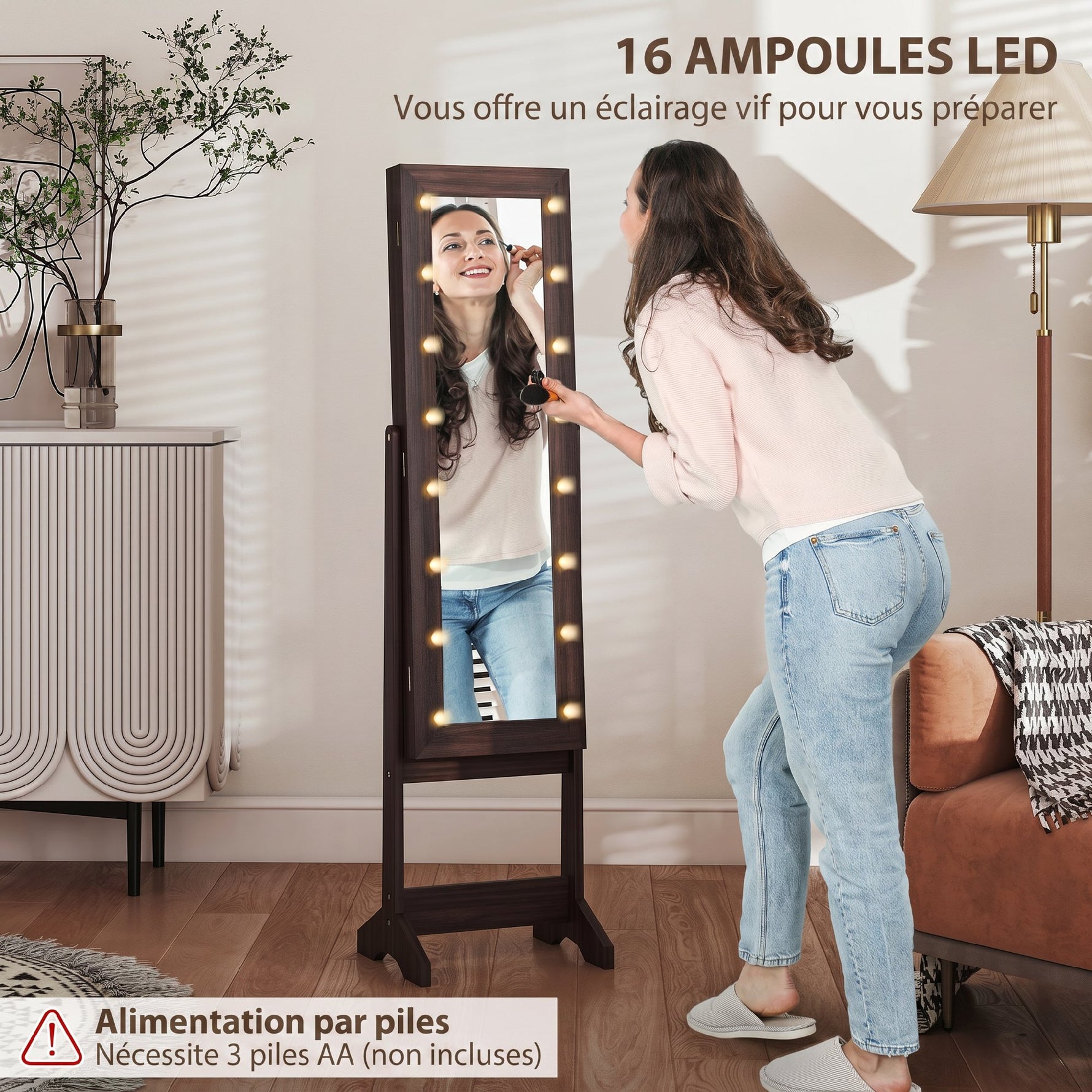 Armoire à Bijoux, Armoire de Rangement sur Pieds, Boîte à Bijoux avec Miroir Multi-Rangements Éclairage LED Marron Foncé