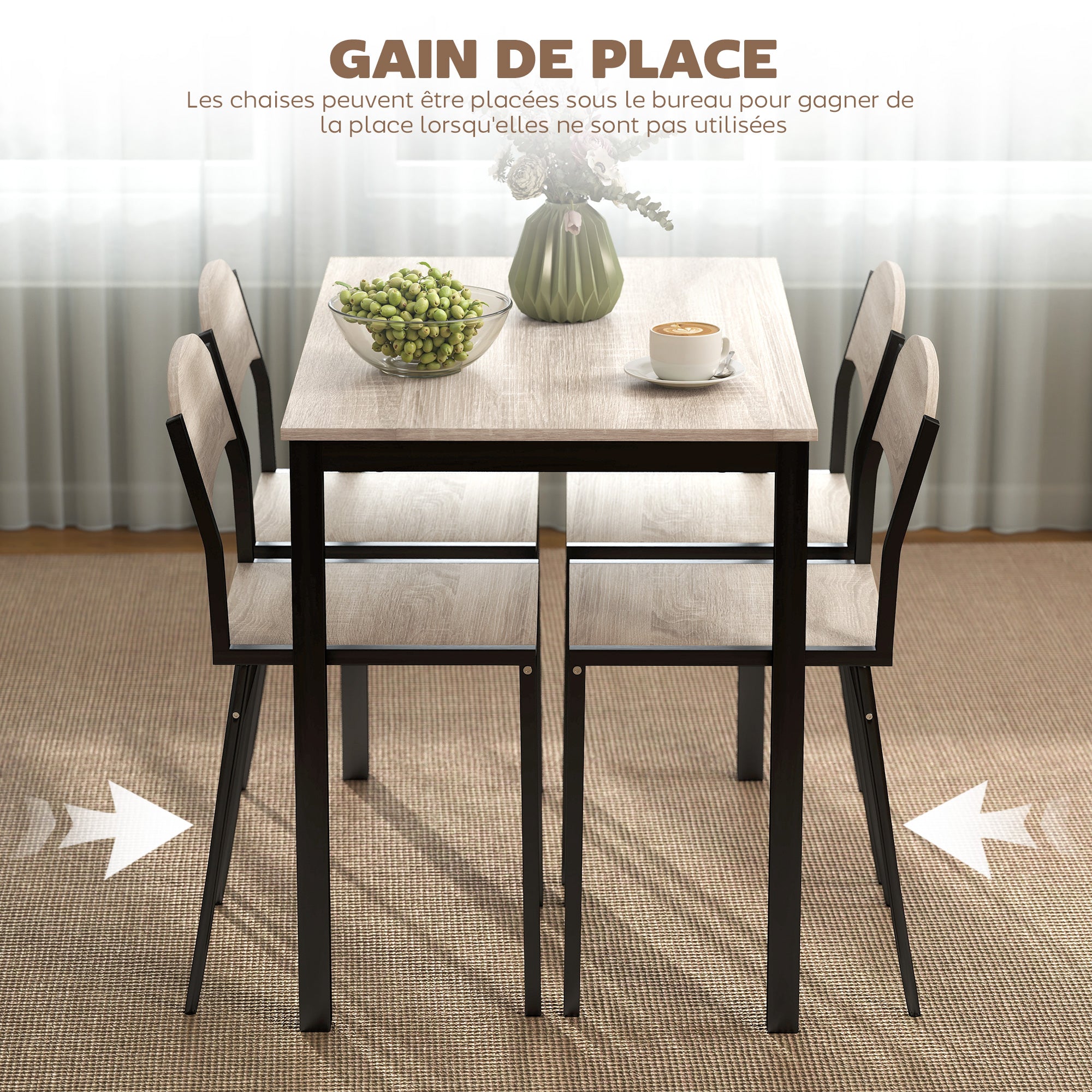Ensemble table à manger 5 pièces avec 4 chaises lateau MDF coloris bois de chêne châssis métal noir