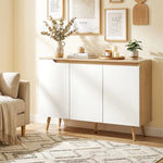 Credenza da soggiorno, mobile contenitore, 3 ante, ripiani regolabili e gambe in legno di gomma, 107x35x76,5 cm, bianco e rovere