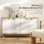 Buffet à haute brillance, meuble de rangement avec 4 portes, étagères réglables, 141 x 35 x 77 cm, blanc et chêne