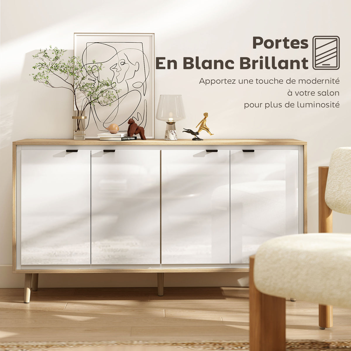 Buffet à haute brillance, meuble de rangement avec 4 portes, étagères réglables, 141 x 35 x 77 cm, blanc et chêne