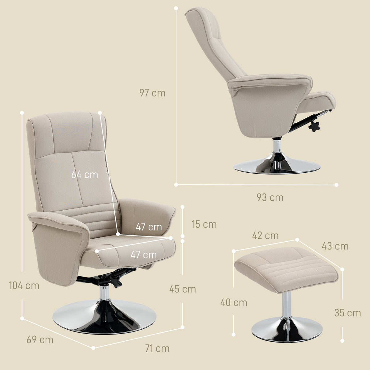 Fauteuil relax inclinable 135° pivotant 360° avec repose-pieds revêtement tissu beige