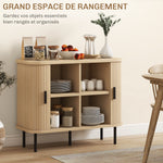 Buffet meuble de rangement avec portes coulissantes à lattes, armoire de cuisine avec pieds en acier, ton chêne
