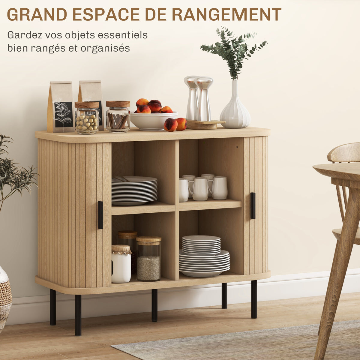 Buffet meuble de rangement avec portes coulissantes à lattes, armoire de cuisine avec pieds en acier, ton chêne