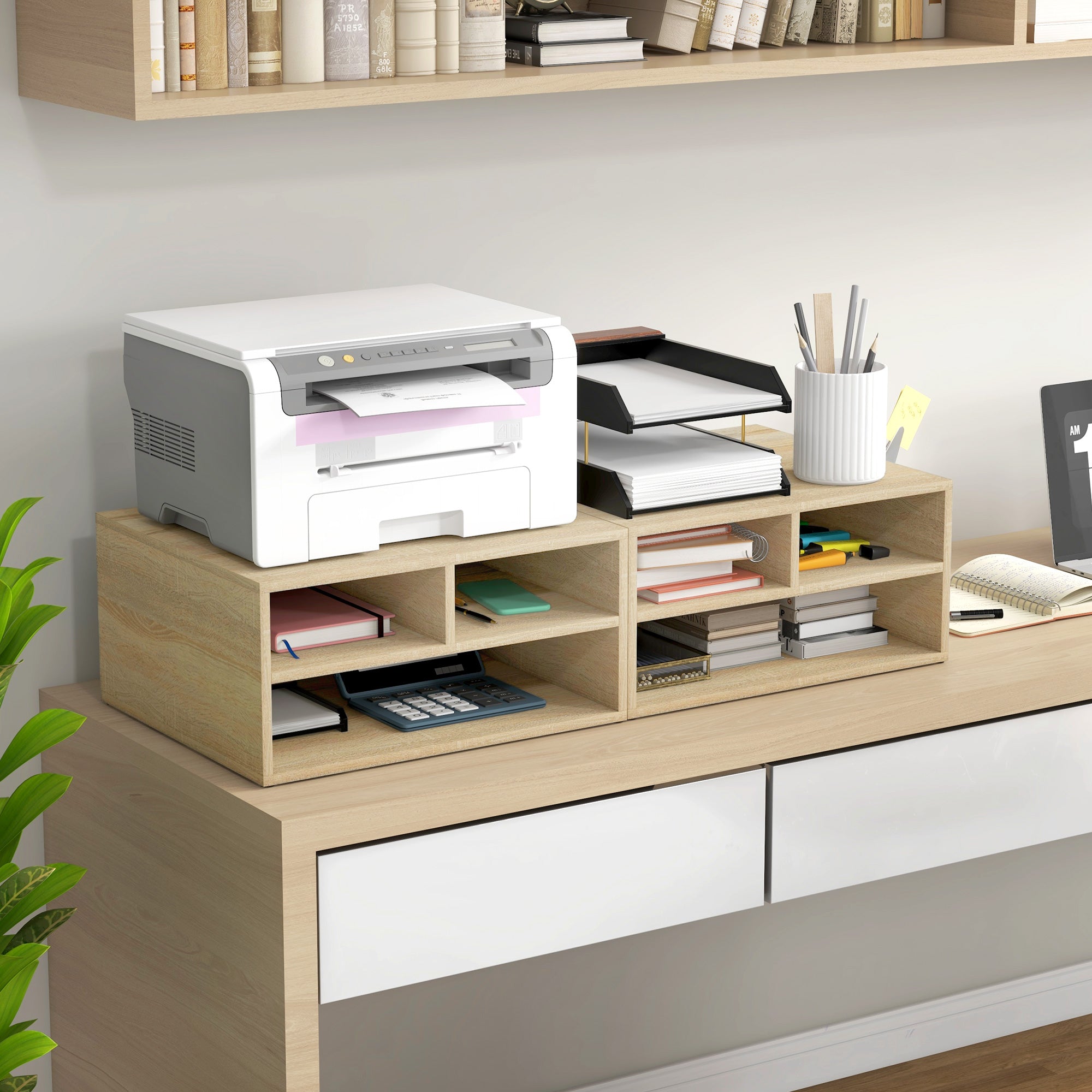 Organizer da scrivania effetto legno con 3 scomparti per cancelleria, supporto per stampante, dim. 47L x 40P x 22,5A cm