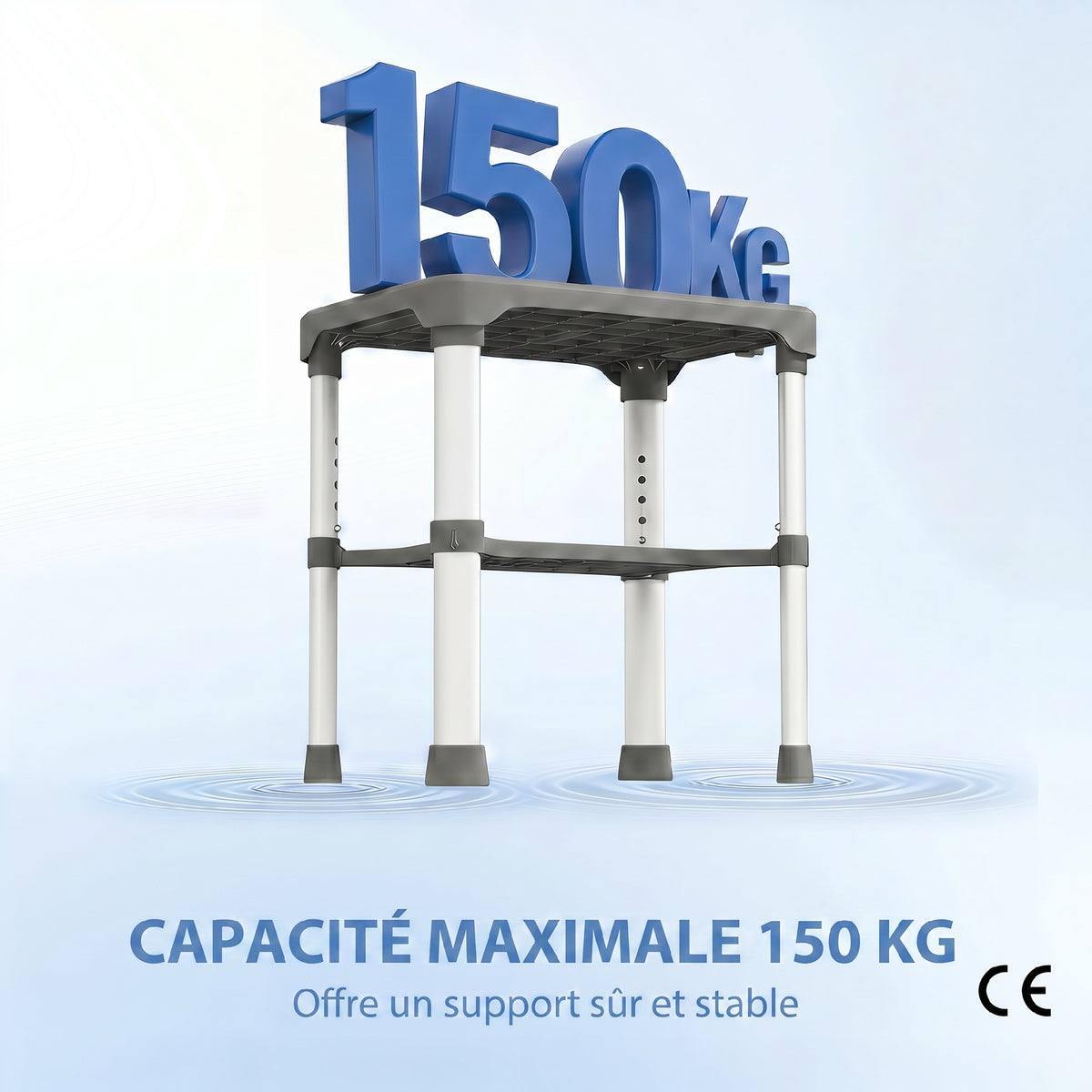 Tabouret de Douche Hauteur Ajustable avec Étagère Intégrée et Barre d'Appui à Ventouse pour Seniors et Handicapés, Gris
