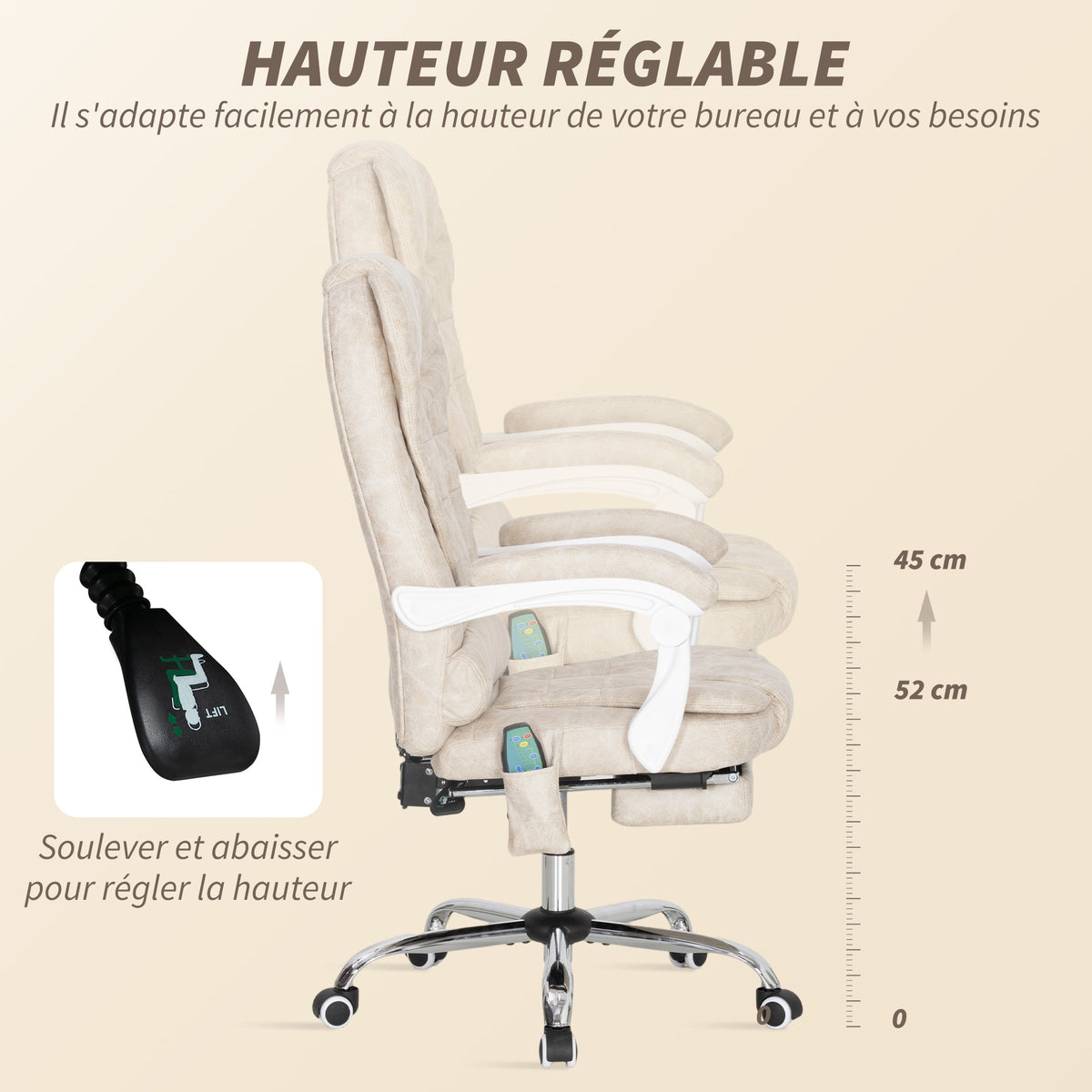 Fauteuil de bureau massant et chauffant, chaise de bureau, hauteur réglable, dossier inclinable, 65x70x111-119cm, crème