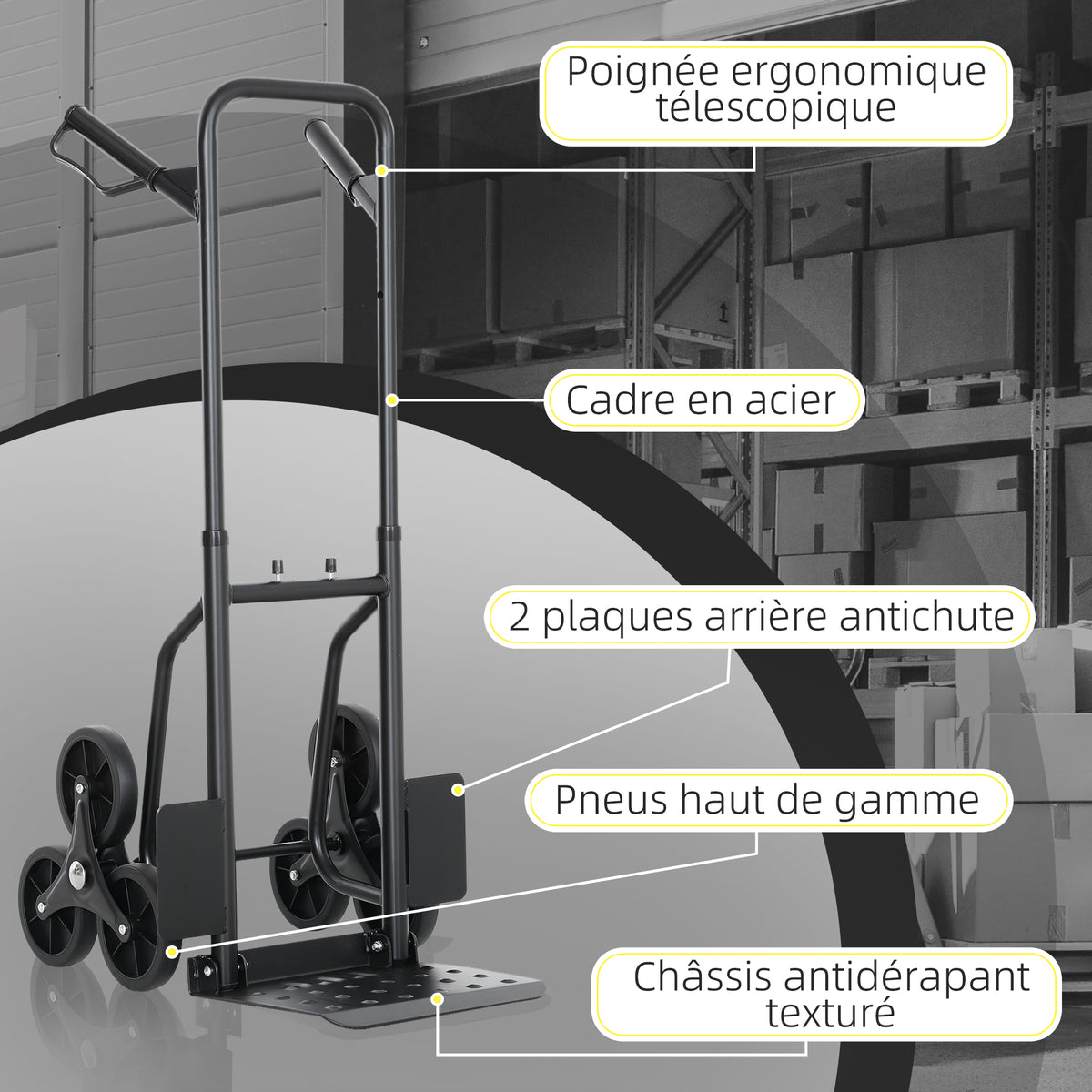 Klappbare Treppensackkarre 120 kg mit 6 Rädern, Stahl-Transportkarre mit Spanngurten, 44x67x106,5 cm, schwarz