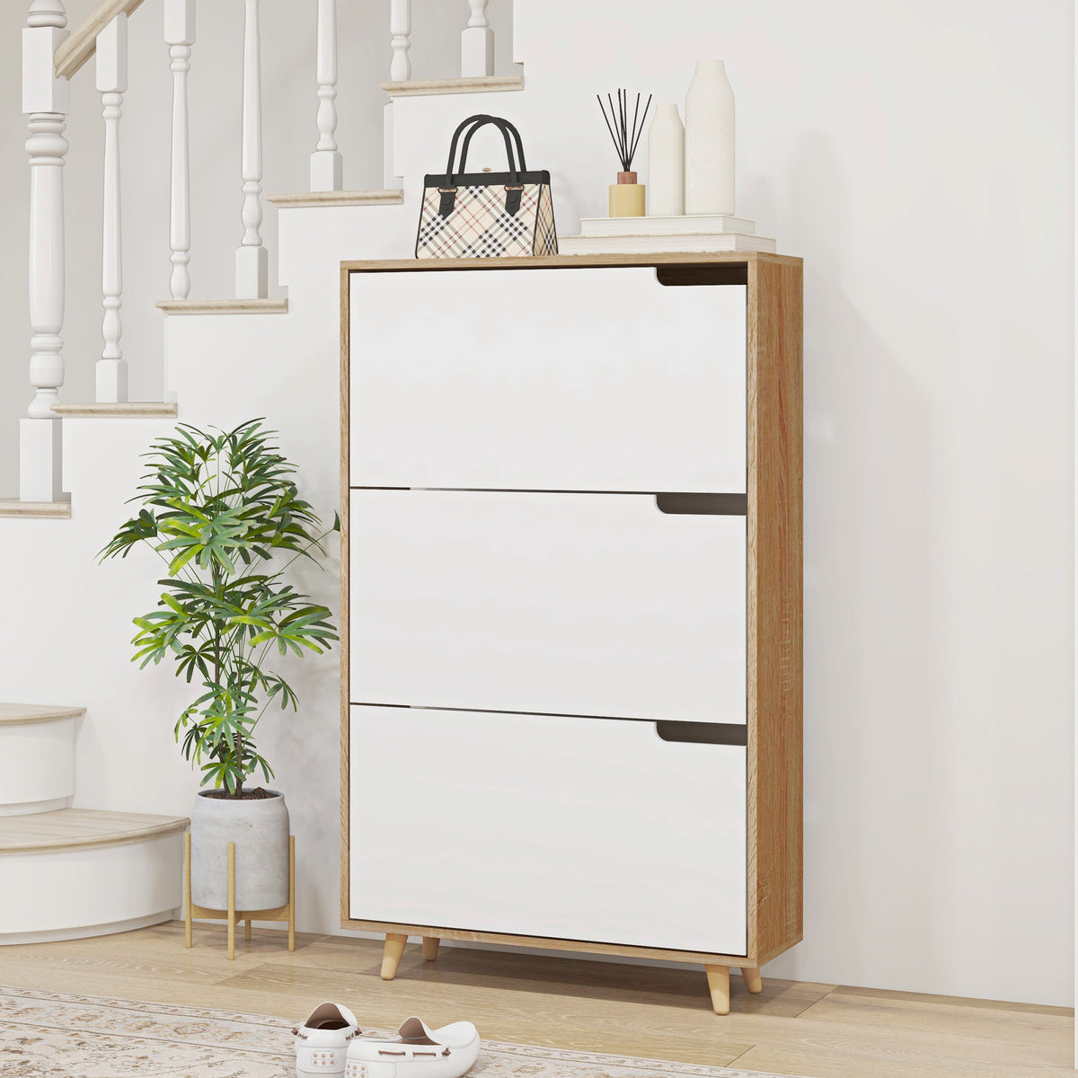 Meuble à chaussures 3 abattants avec étagère réglable, 72L x 24P x 119H cm, naturel et blanc