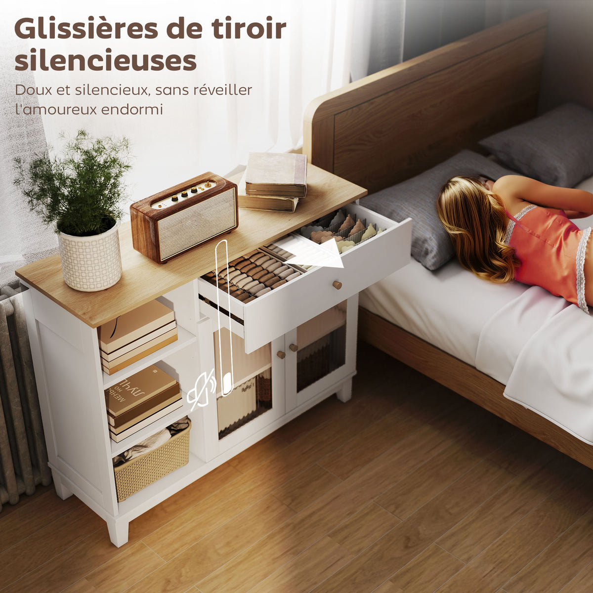Buffet salon avec placard à portes en verre trempé nervuré, tiroir, 3 compartiments ouverts et étagères réglables, blanc