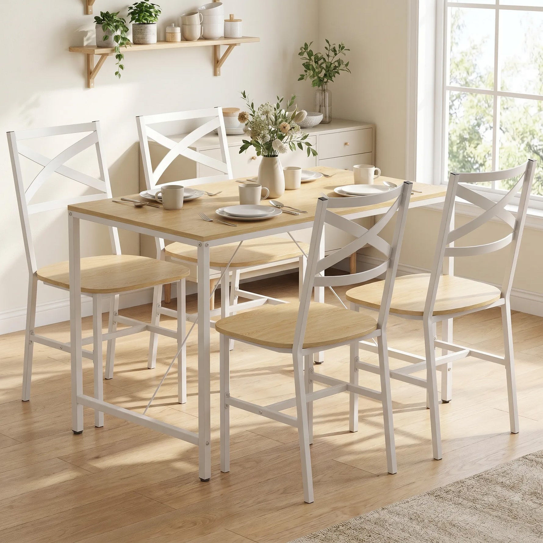 Ensemble Table Salle à Manger avec 4 Chaises, Table de Cuisine avec Chaises pour 4 Personnes, Bois Naturel et Blanc