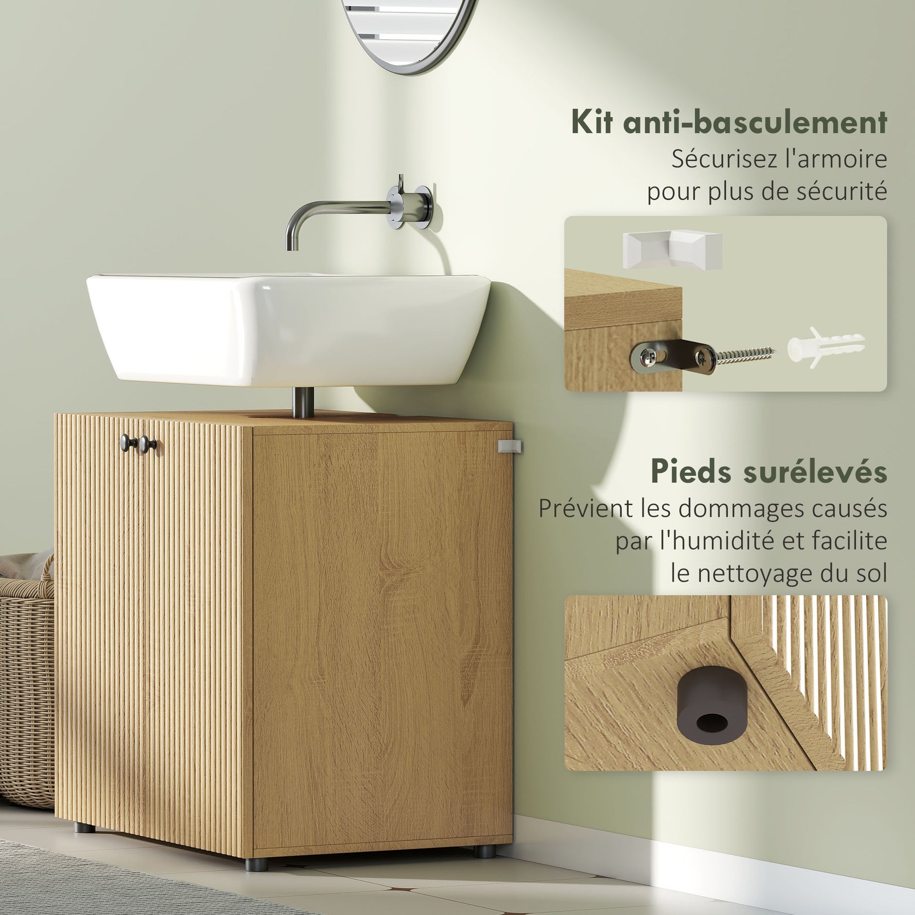Meuble sous lavabo, meuble de salle de bain 2 portes à fermeture amortie, étagère réglable, 60x39,8x58,5cm, bois naturel
